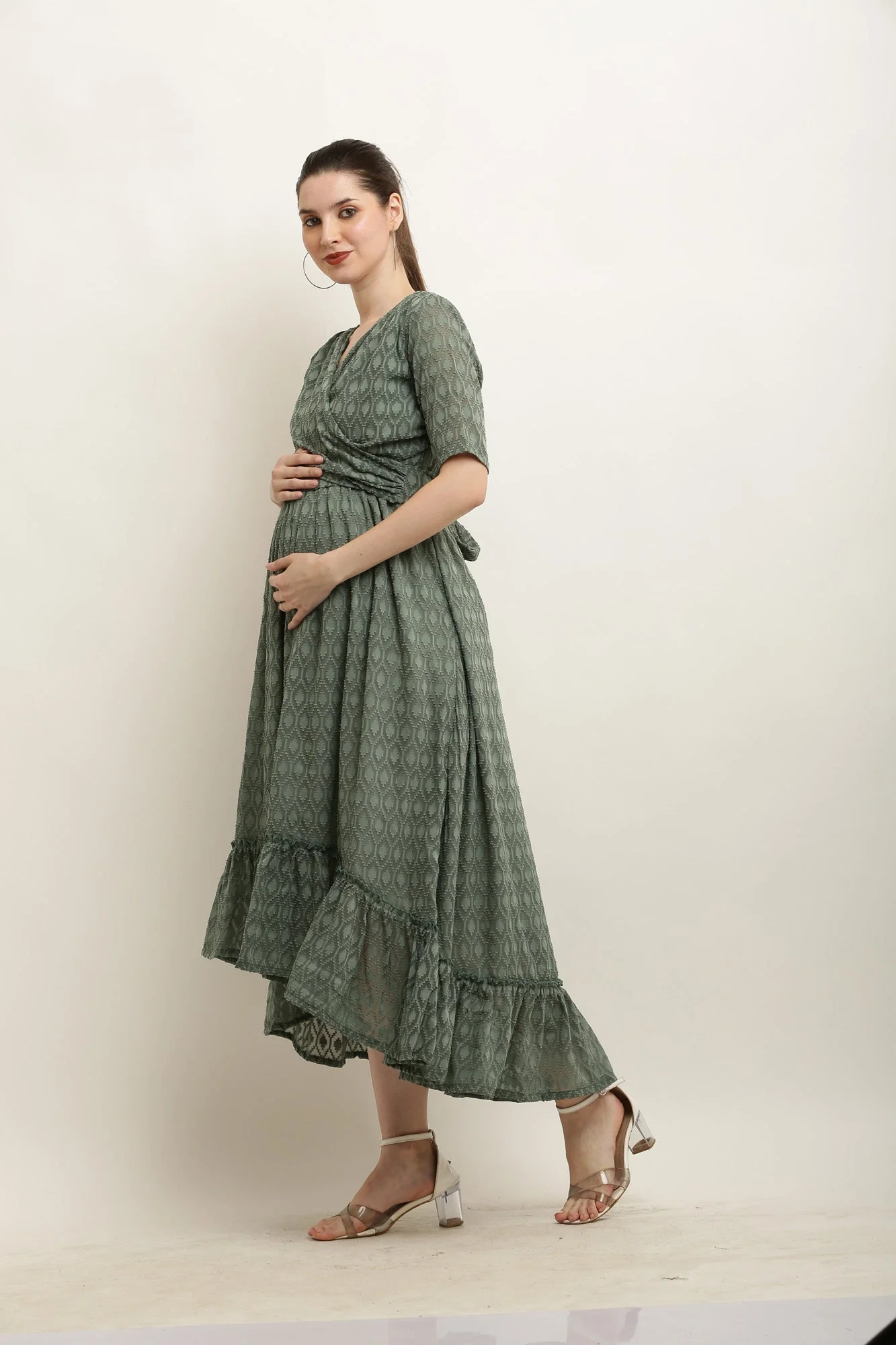 Jazzy Slate Gray Hi-Low Frill Maternity Wrap Dress - Chenance