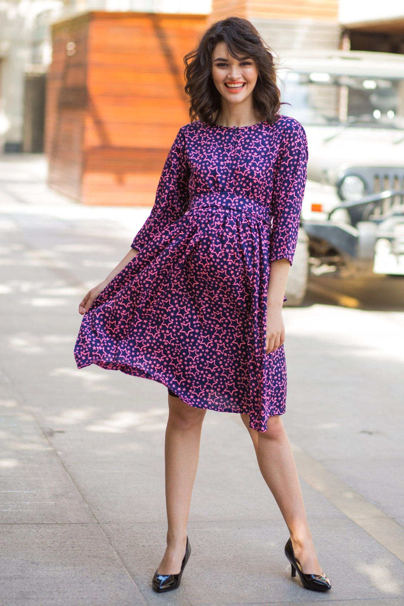 Starry Blue Pink Front Zip Maternity & Nursing Crepe Swing Dress - Chenance