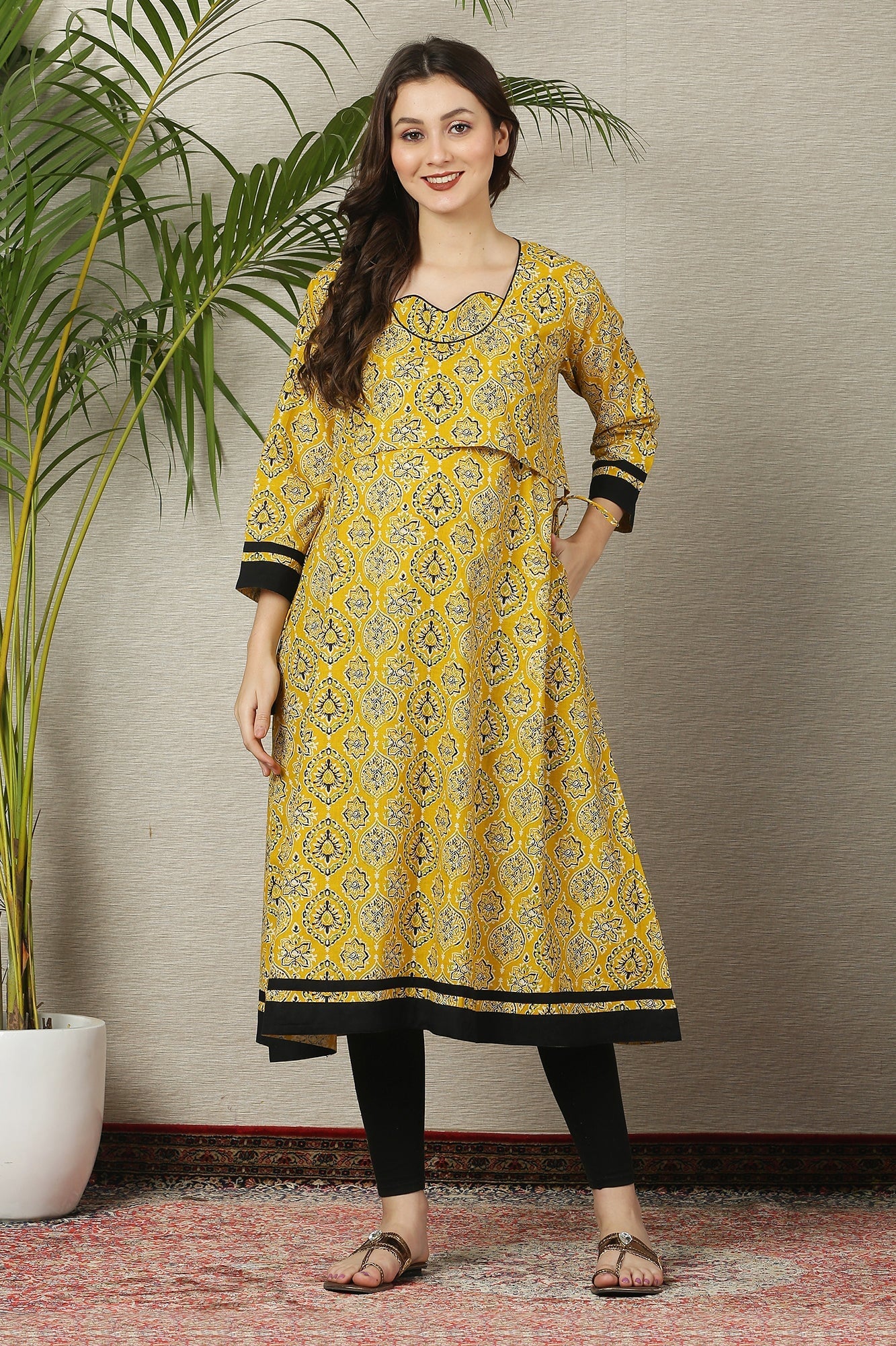 Jolly Mustard Blooming Maternity & Nursing Kurta (100% Cotton) - Chenance