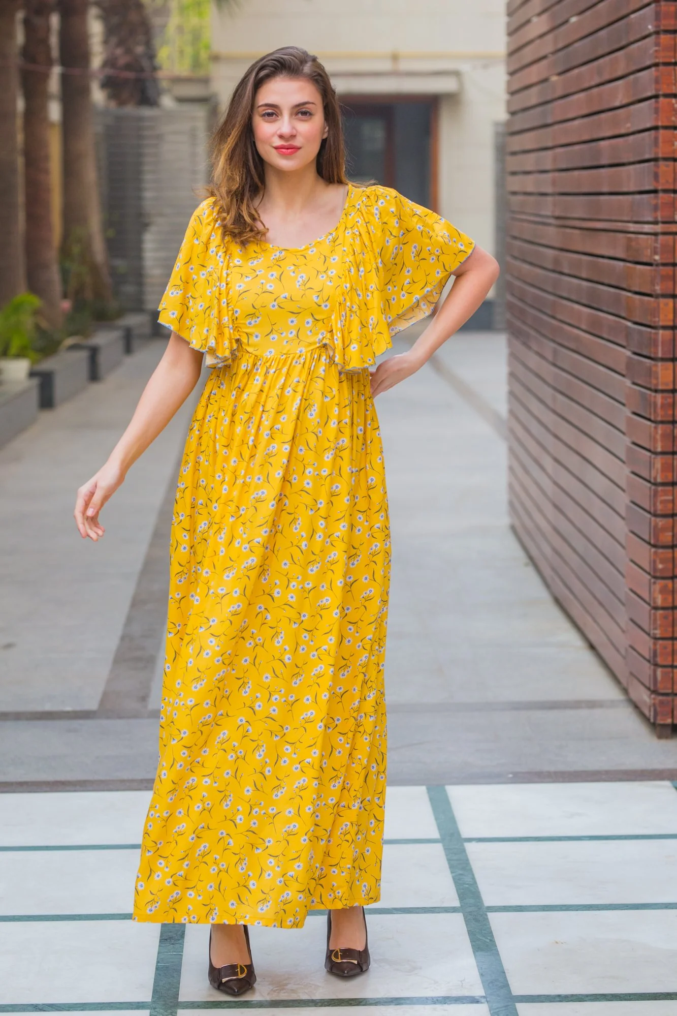 Serene Yellow Maternity & Nursing Flap Dress - Chenance