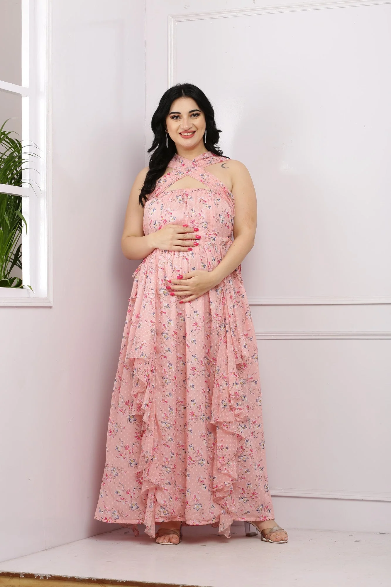 Classy Criss Cross Peach Floral Maternity & Nursing Flow Dress - Chenance