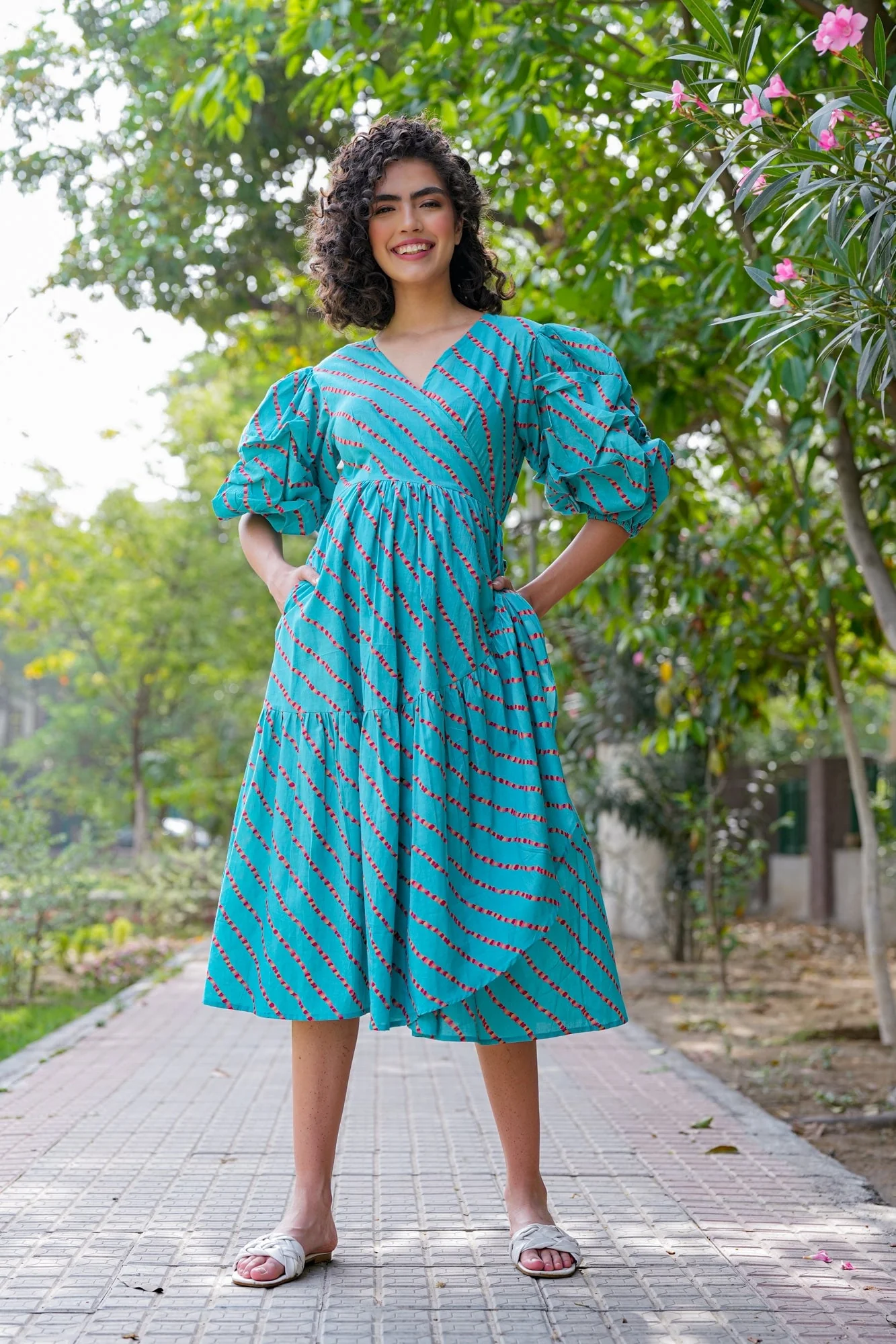 Charming Cerulean Blue Maternity & Nursing Frill Wrap Dress (100% Cotton) - Chenance