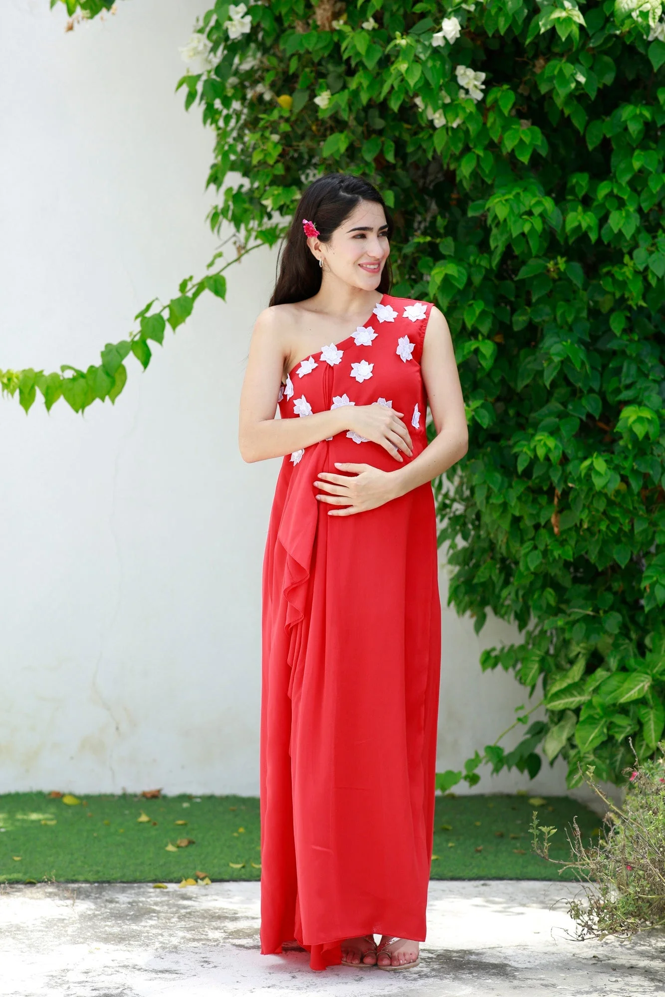 Scarlet Red One Shoulder Maternity Flow Dress - Chenance