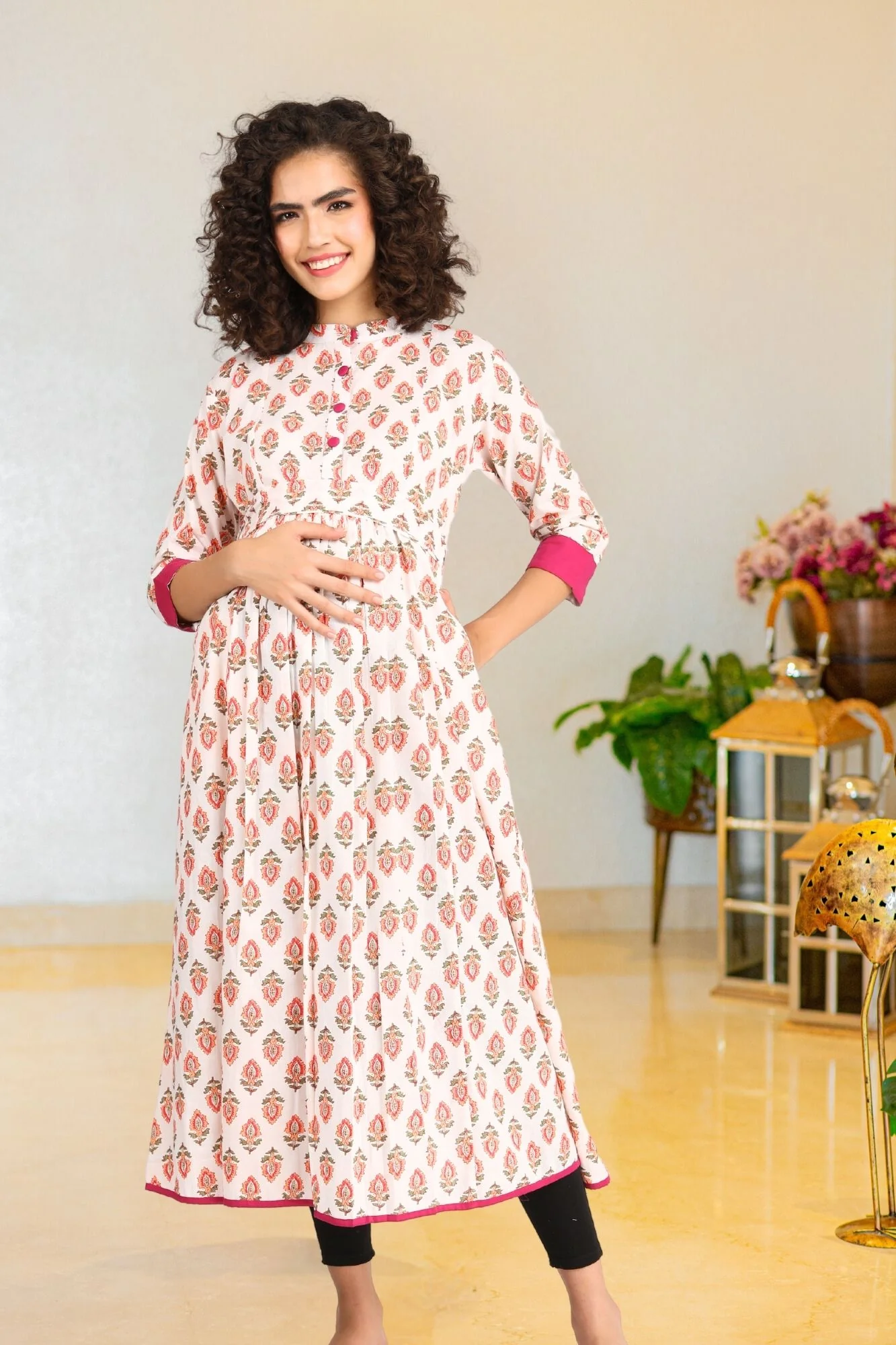 Orange White Maternity & Nursing Kurta (100% Cotton) - Chenance