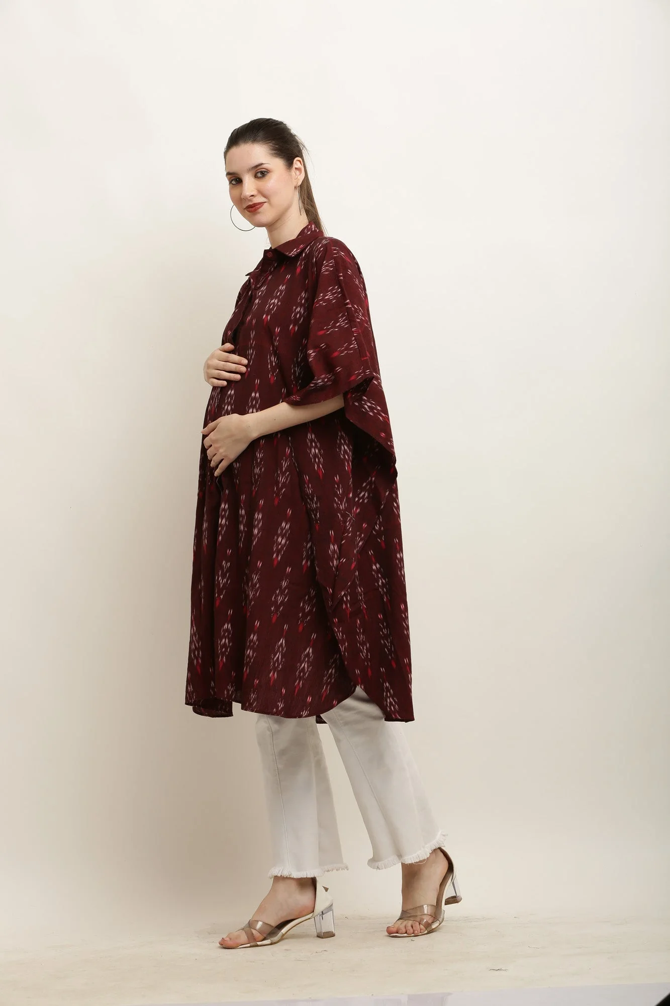 Classic Cranberry Ikat Maternity & Nursing Shirt Dress - Chenance