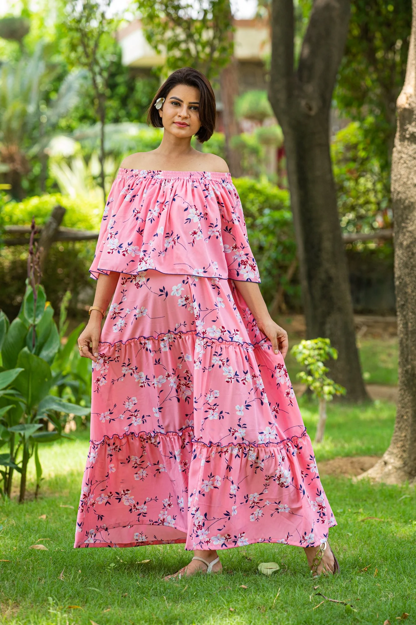 Bubblegum Pink Off-Shoulder Maternity Maxi Dress - Chenance