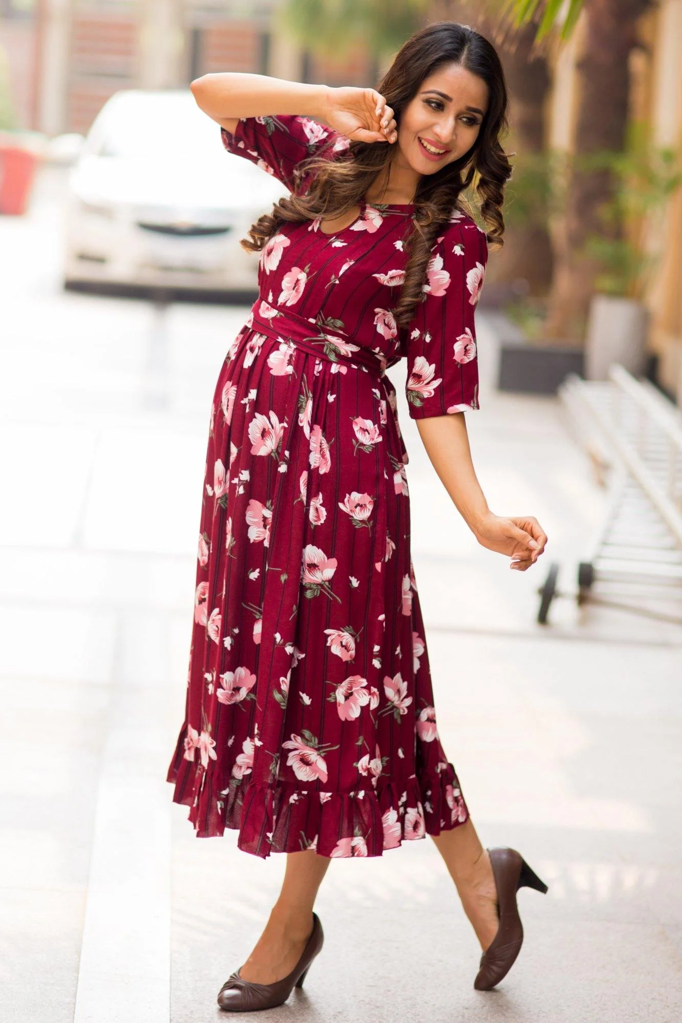 Burgandy Floral Striped Frill Concealed Zips Maternity & Nursing Dress - Chenance