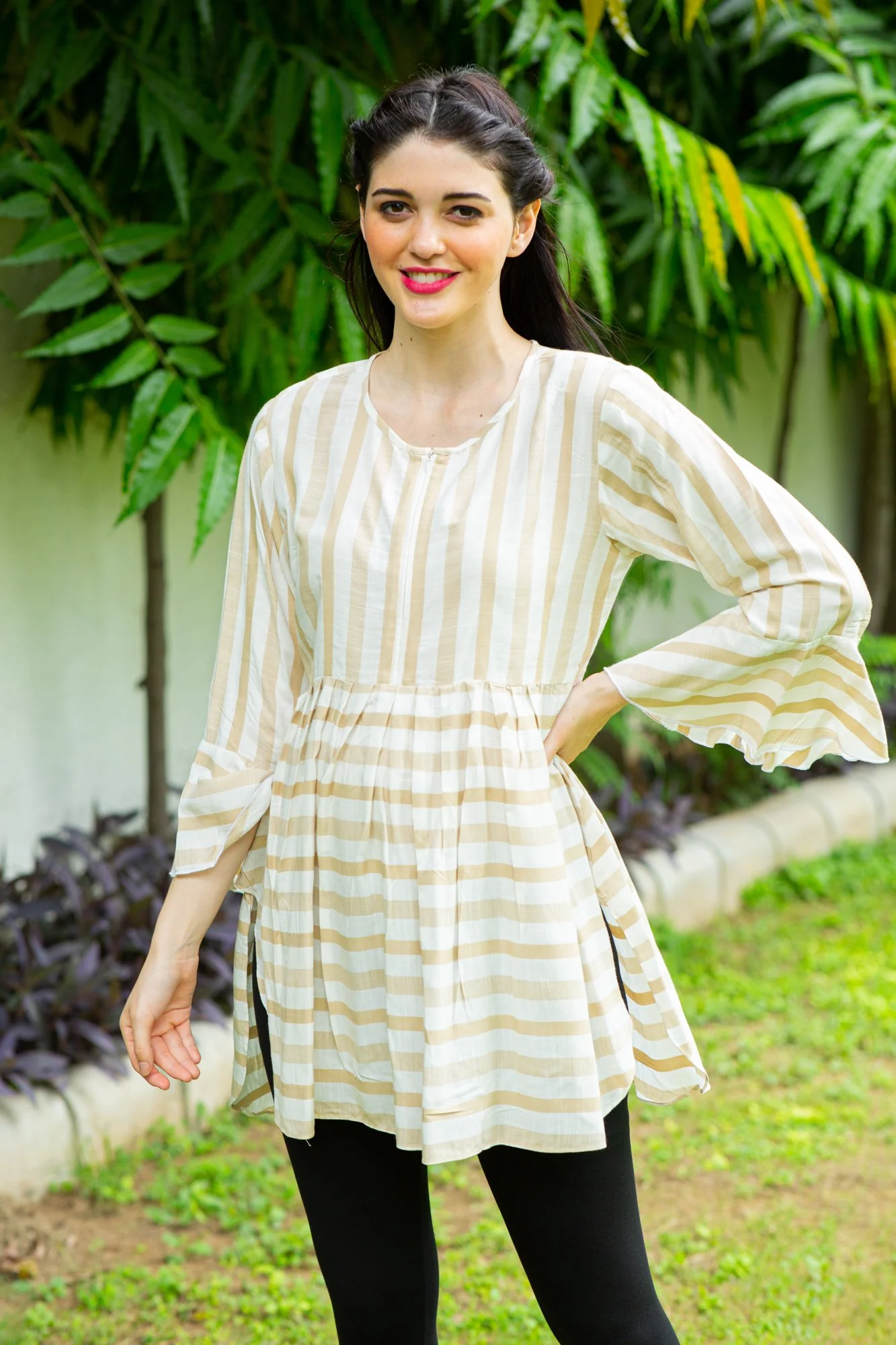 Beige Striped Nursing Top - Chenance