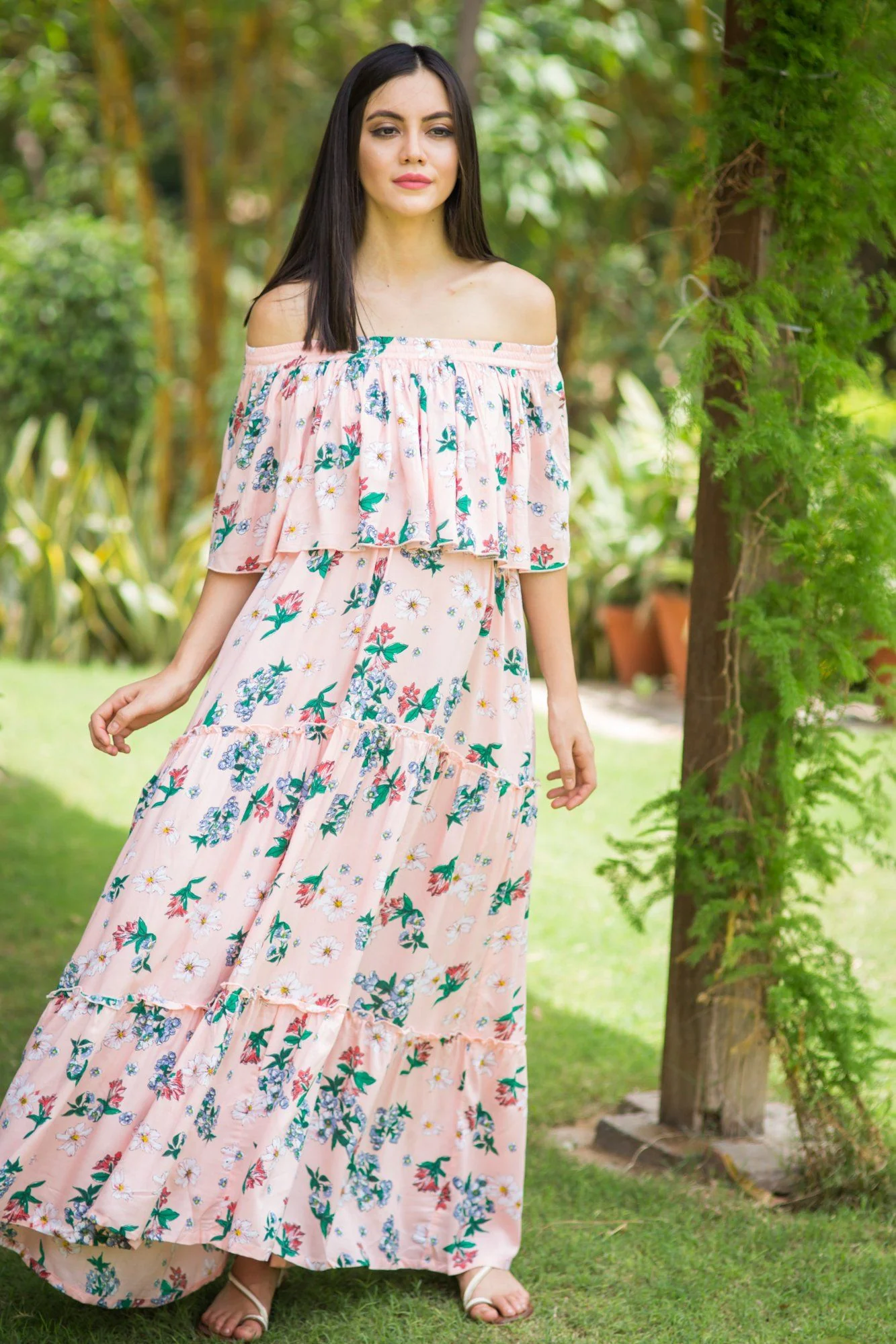 Rose Peach Off-Shoulder Maternity Maxi - Chenance
