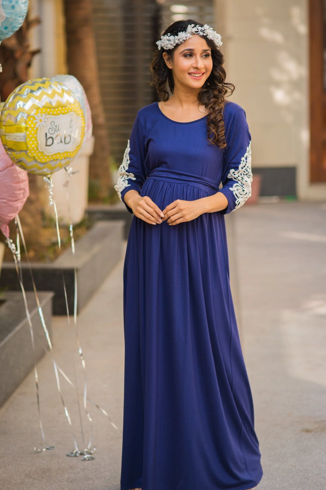 Royal Midnight Blue Lycra Crochet Maternity Dress - Chenance