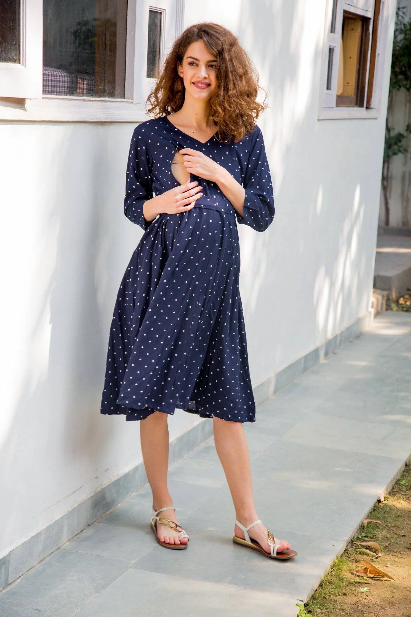 Indigo Polka Maternity & Nursing Dress - Chenance