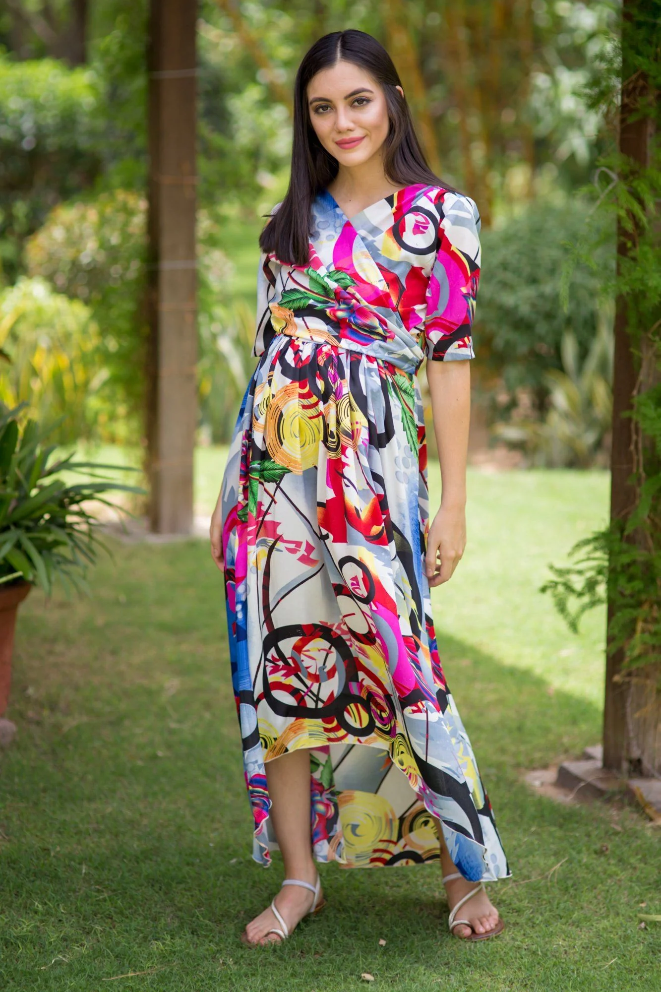 Abstract Printed High-Low Maternity & Nursing Wrap Dress - Chenance
