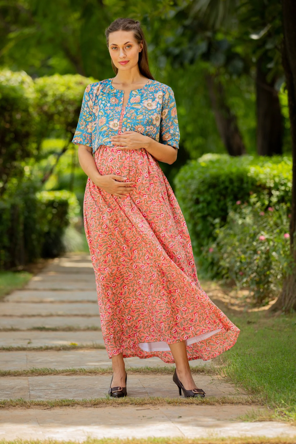 Azure Pink Floral Maternity & Nursing Jacket Dress (Set of 2) - Chenance