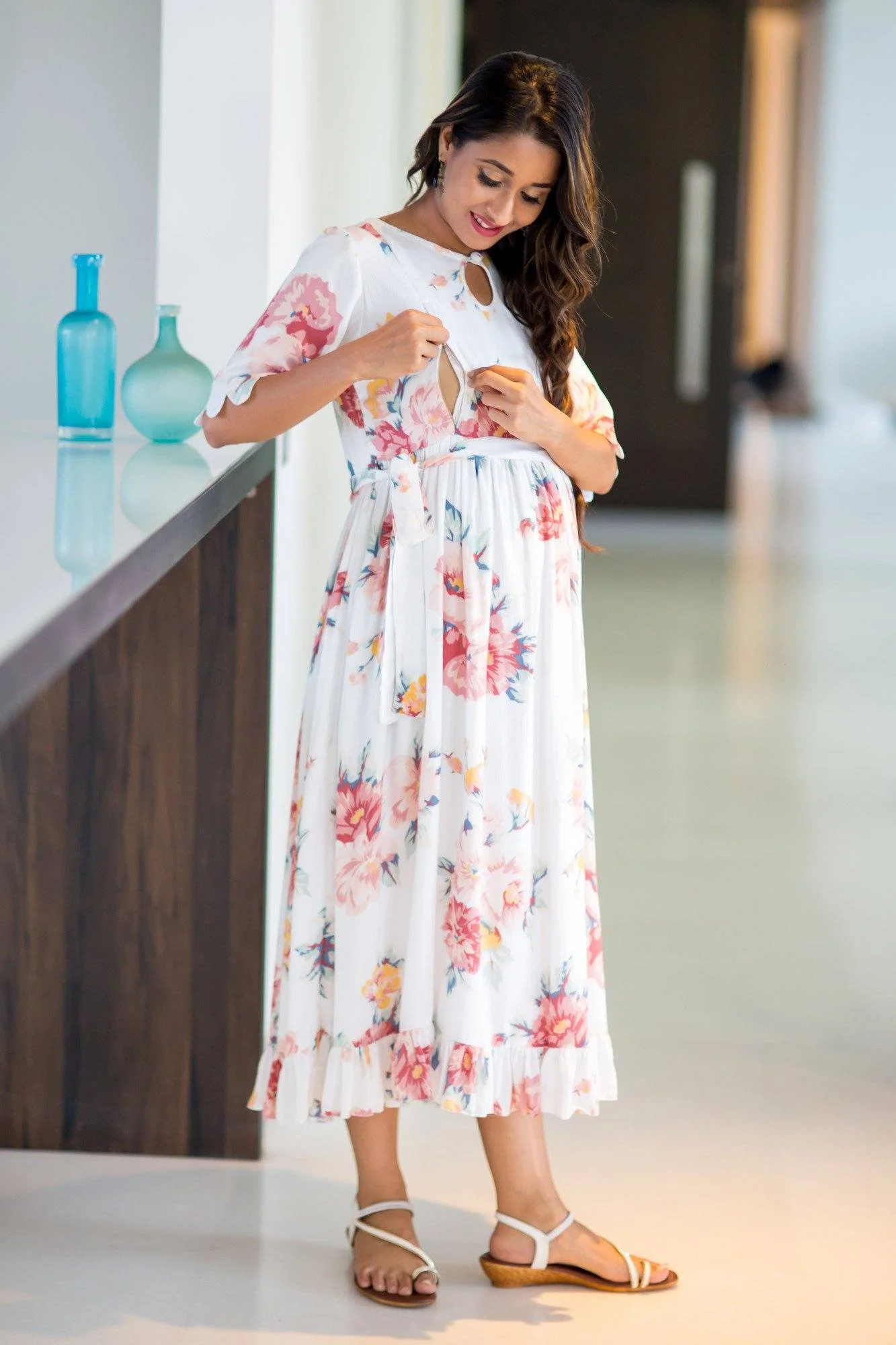 White Floral Frill Concealed Zips Nursing Dress - Chenance