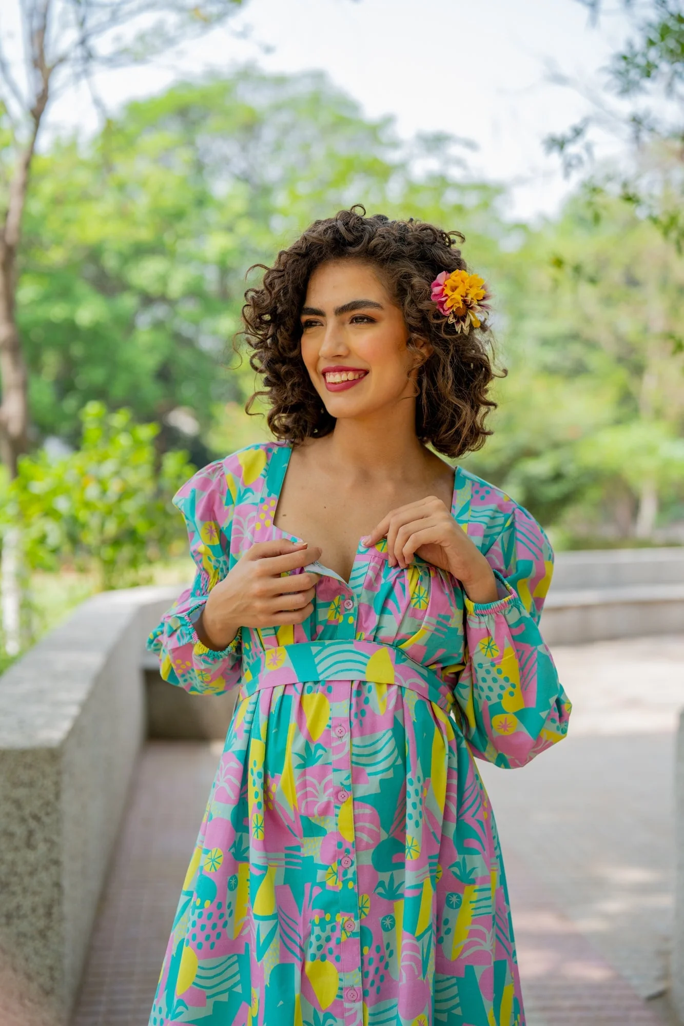 Dusty Blue Yellow Abstract Maternity & Nursing Dress (100% Cotton) - Chenance