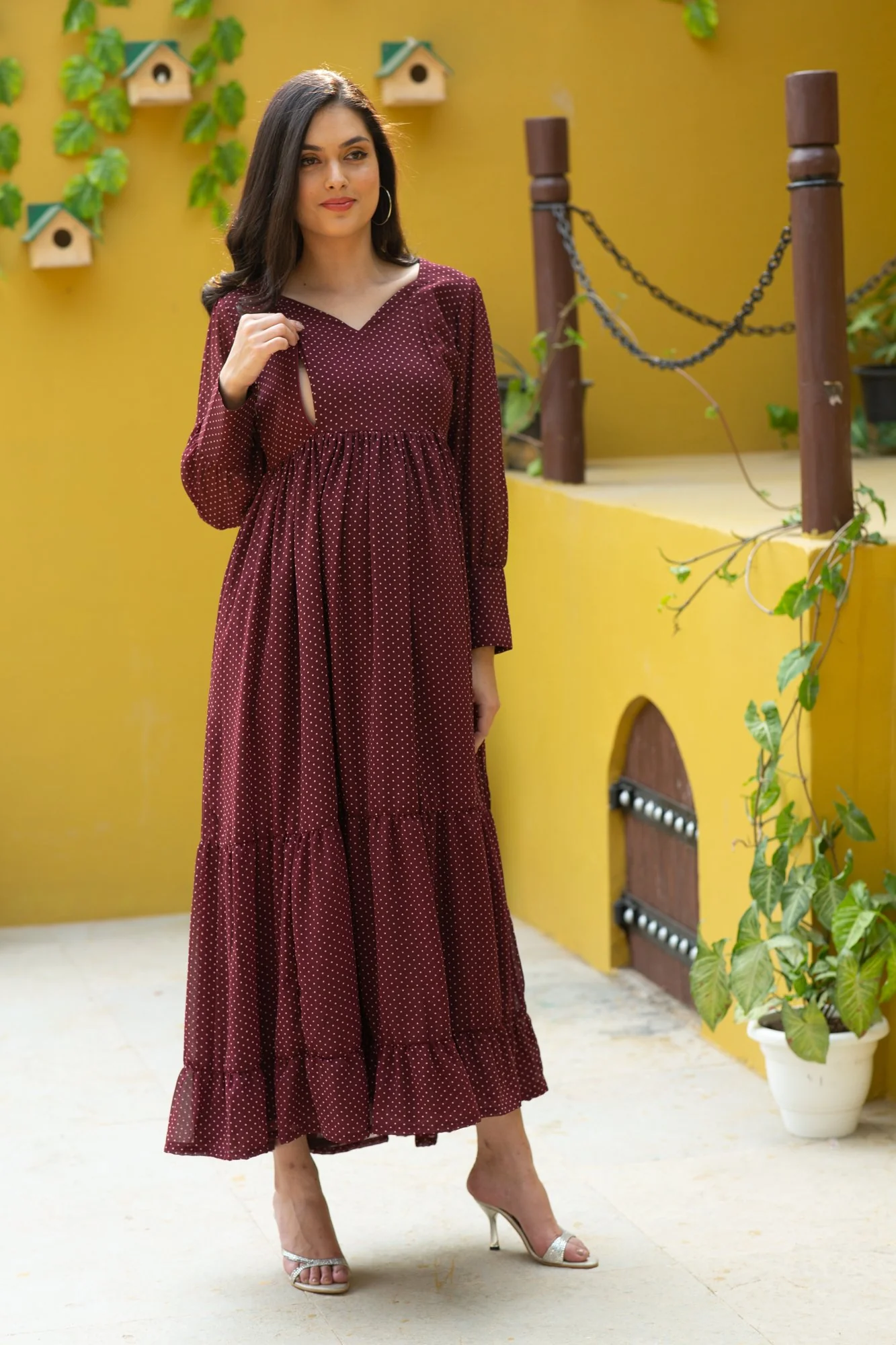 Chic Dotted Mulberry Maternity And Nursing Dress - Chenance