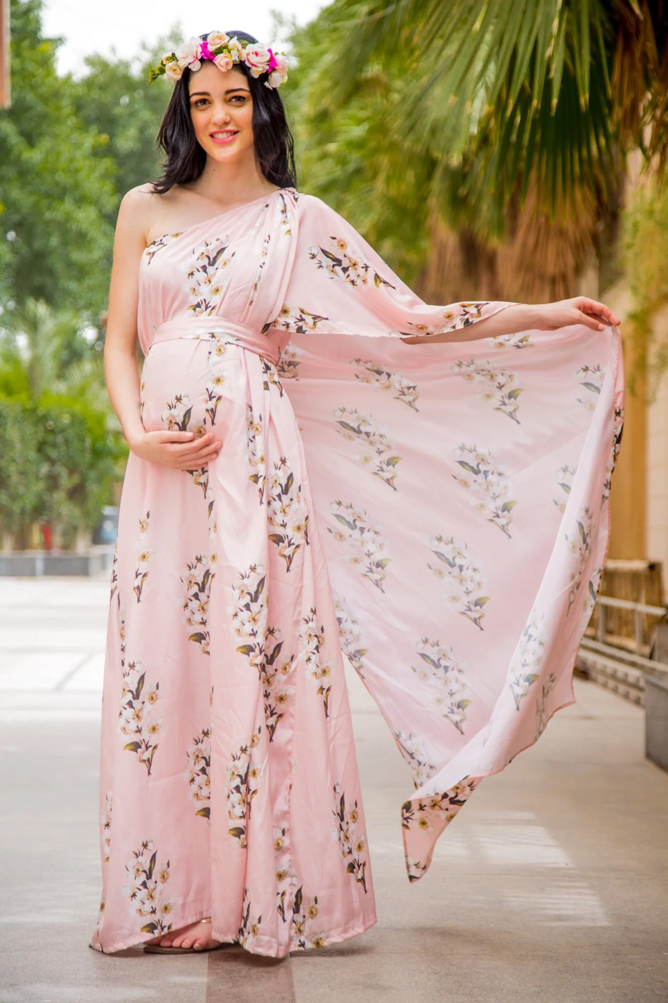 Luxe Carnation Pink One Shoulder Floral Maternity Gown - Chenance