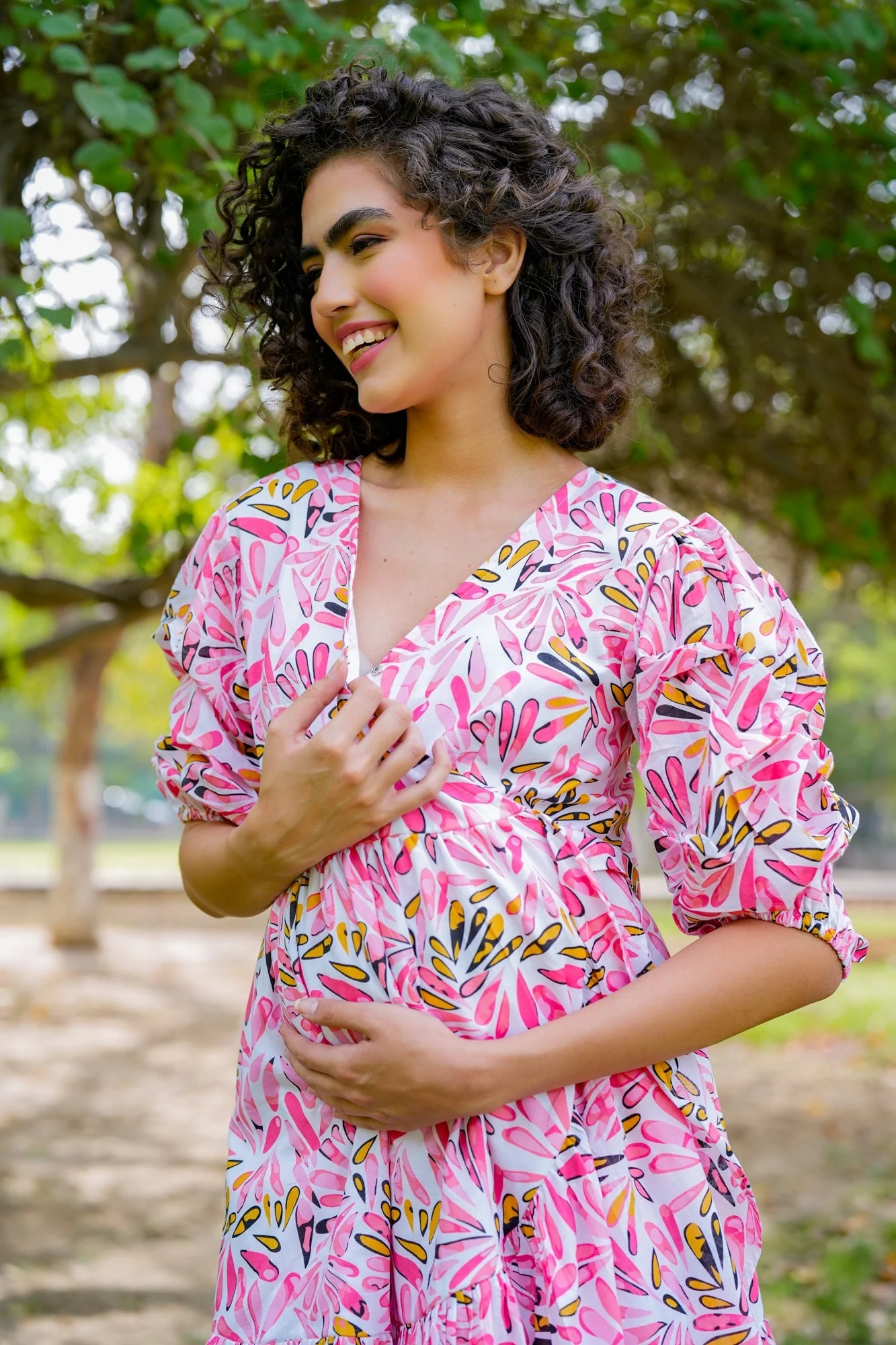 Pleasing Ivory Pinky Blossom Maternity & Nursing Frill Wrap Dress (100% Cotton) - Chenance