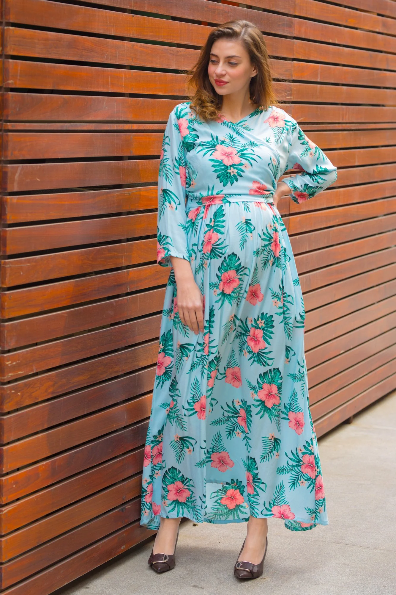 Aqua Hibiscus Maternity & Nursing Wrap Dress - Chenance