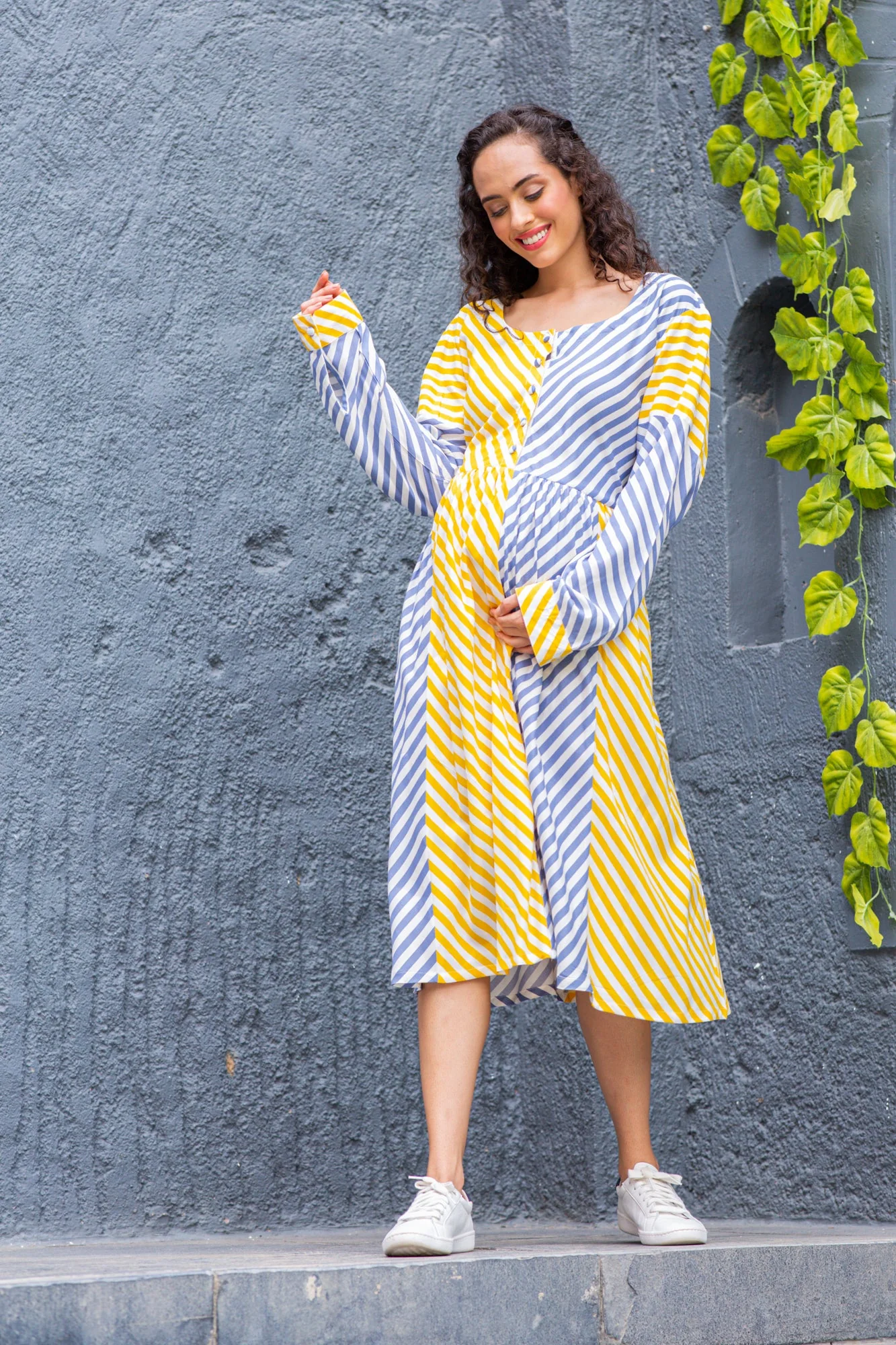 Slate Yellow Striped Maternity & Nursing Dress (100% Cotton) - Chenance