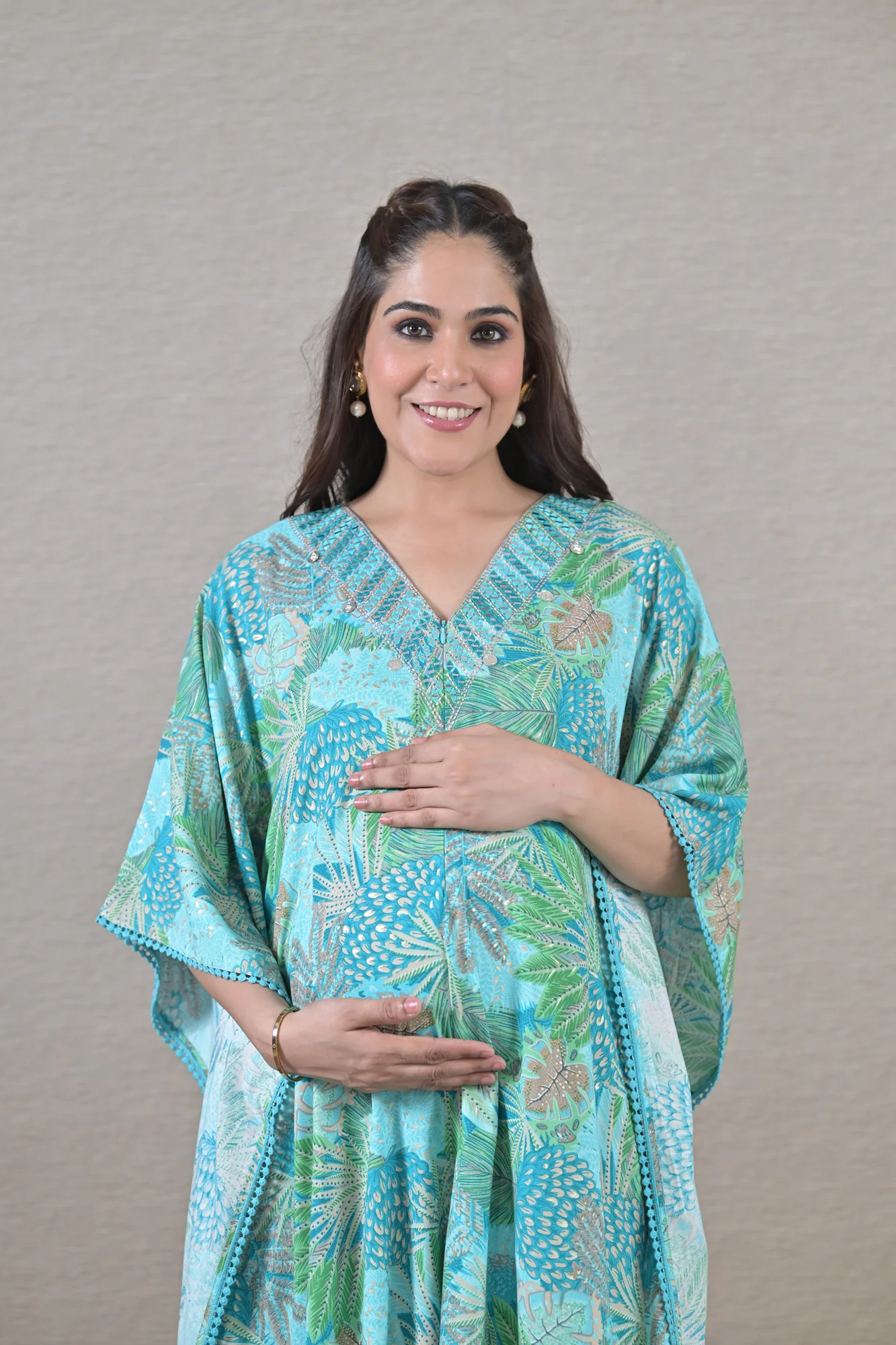 Mint Leafy Maternity & Nursing Kaftan (100% Cotton) - Chenance
