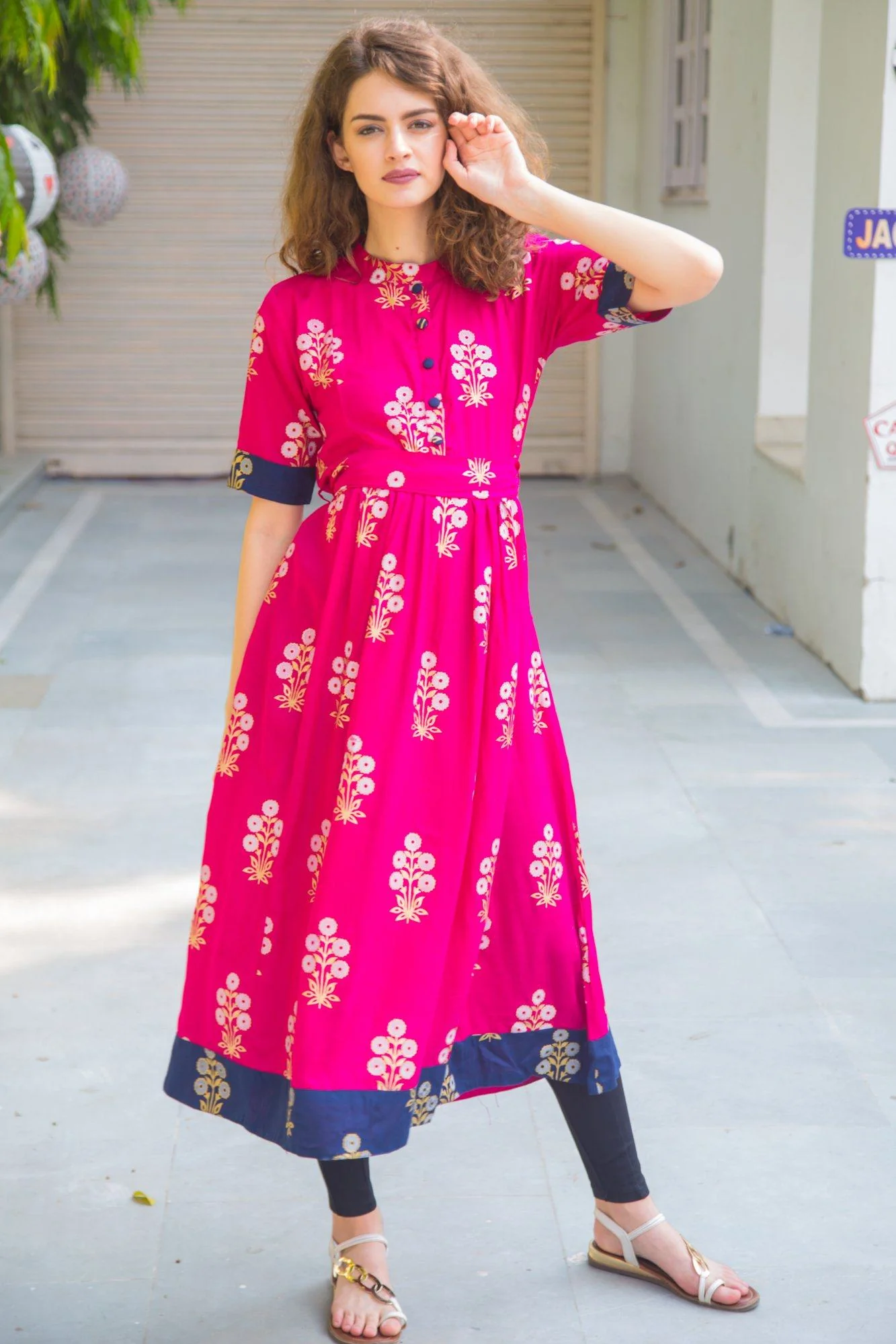 Festive Pink Foil Print Maternity & Nursing Kurta - Chenance