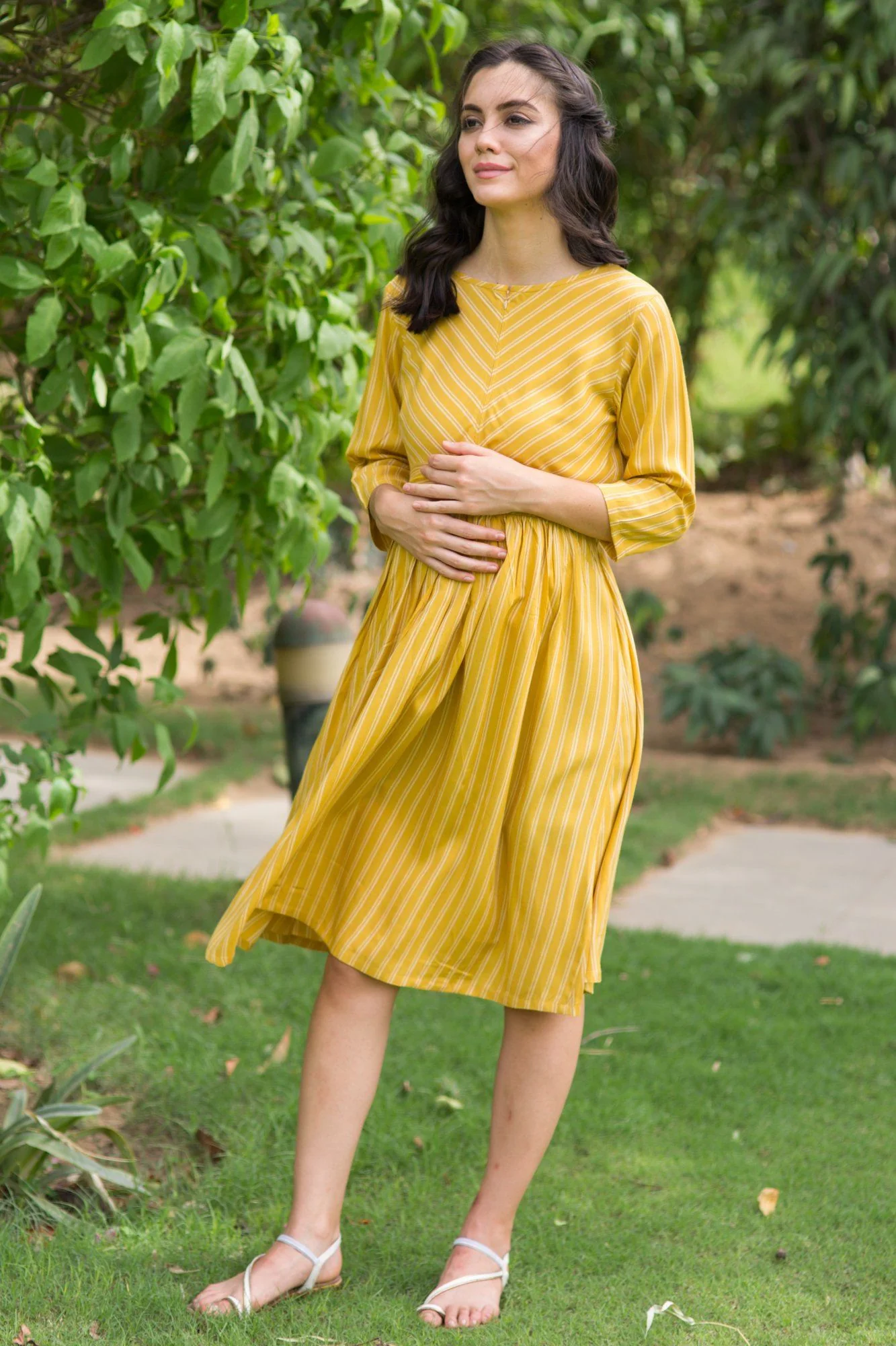 Mustard Striped Maternity & Nursing Swing Dress - Chenance
