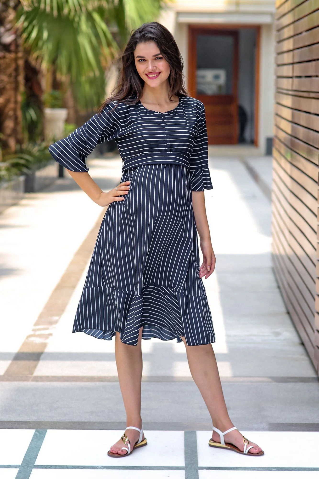 Elegant Ruffle Stripe Maternity & Nursing Dress - Chenance