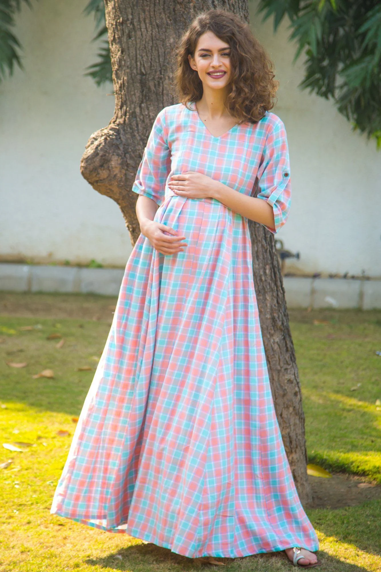 Pastel Pink Plaid Maternity & Nursing Maxi Dress - Chenance