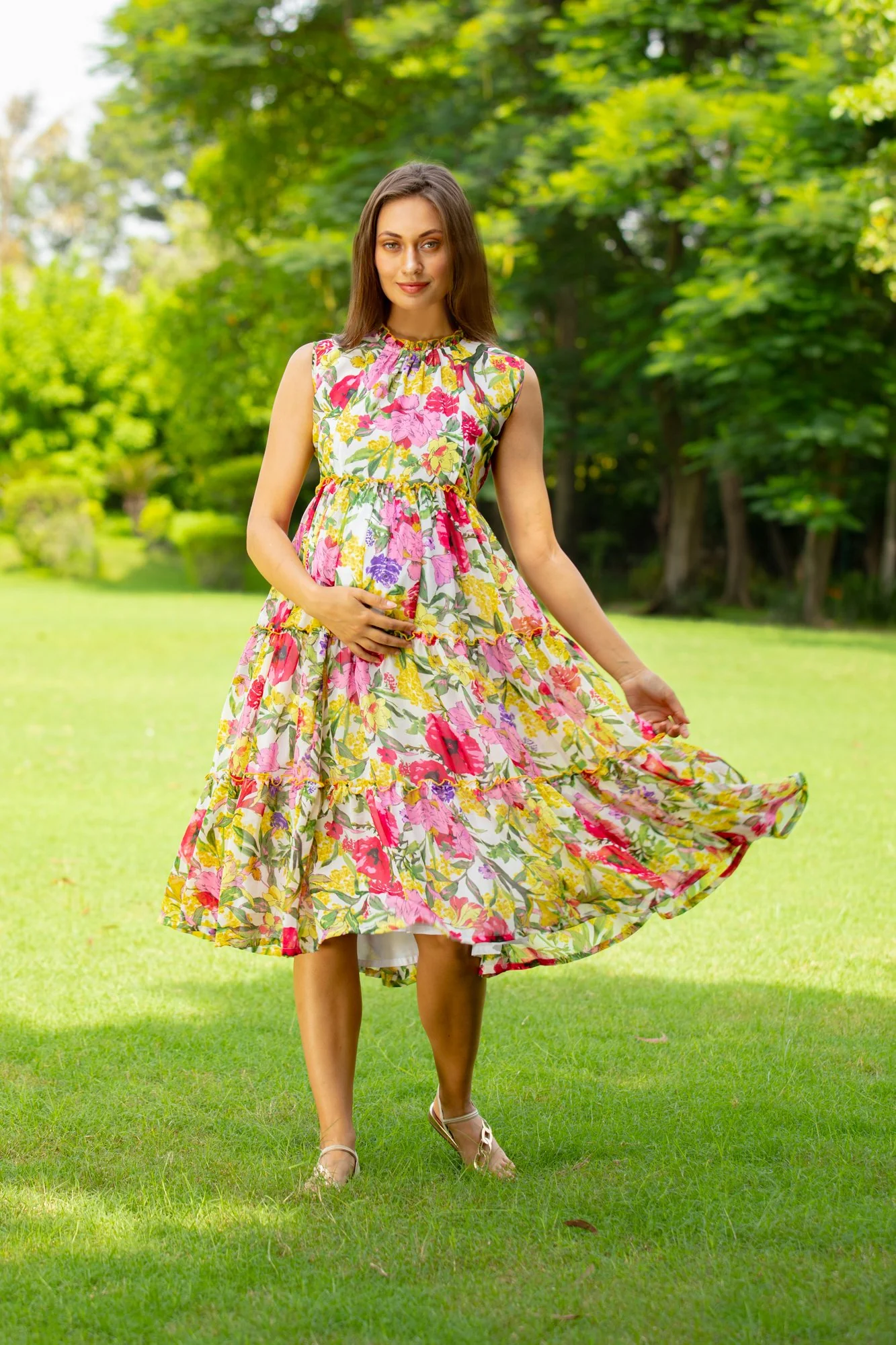 Blossom White Maternity & Nursing Concealed Zips Frill Dress - Chenance