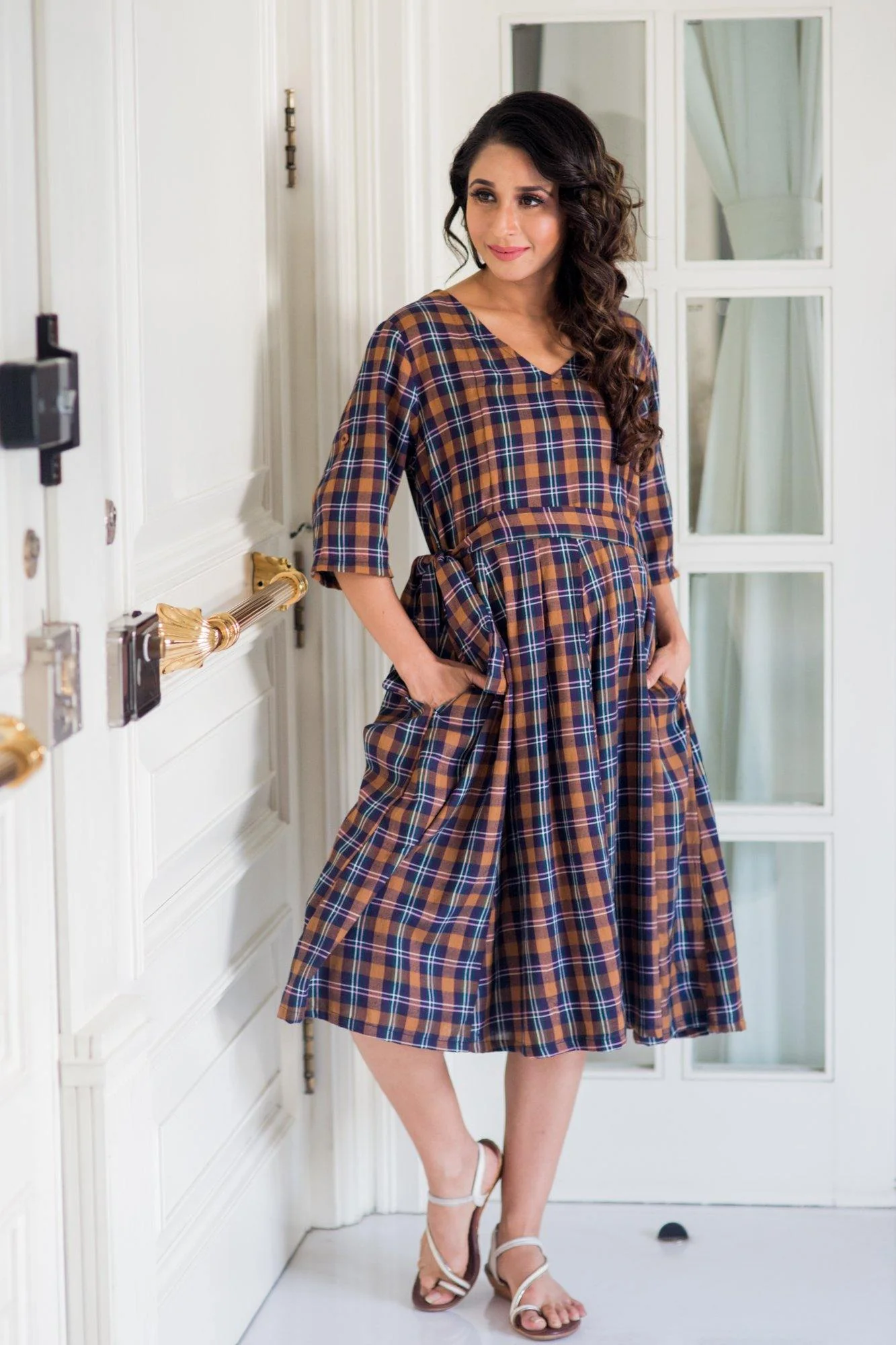 Chic Chestnut Plaid Maternity & Nursing Dress - Chenance