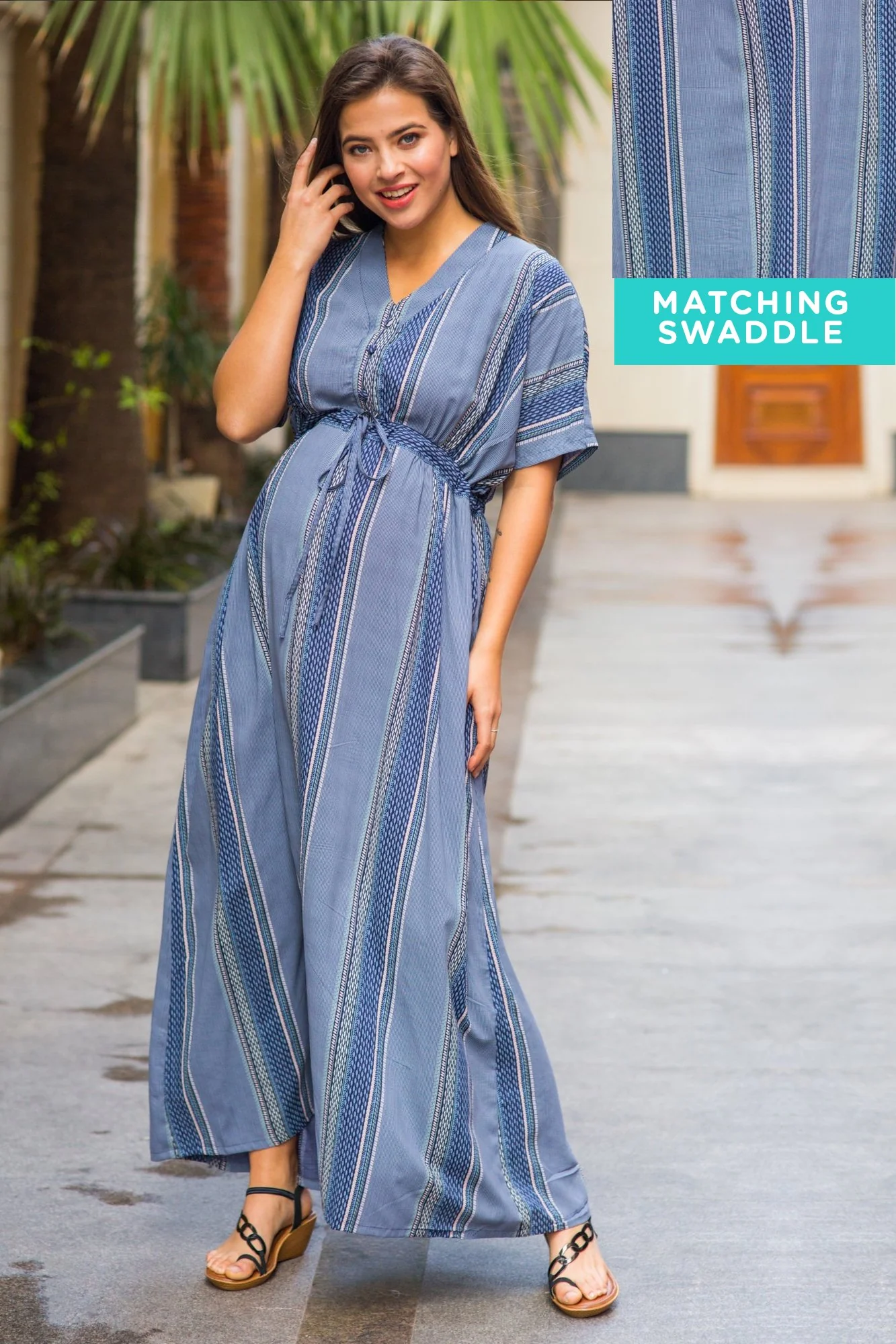 Set of 2 - Kimono Indigo Stripe Delivery Gown + Matching Baby Swaddle - Chenance