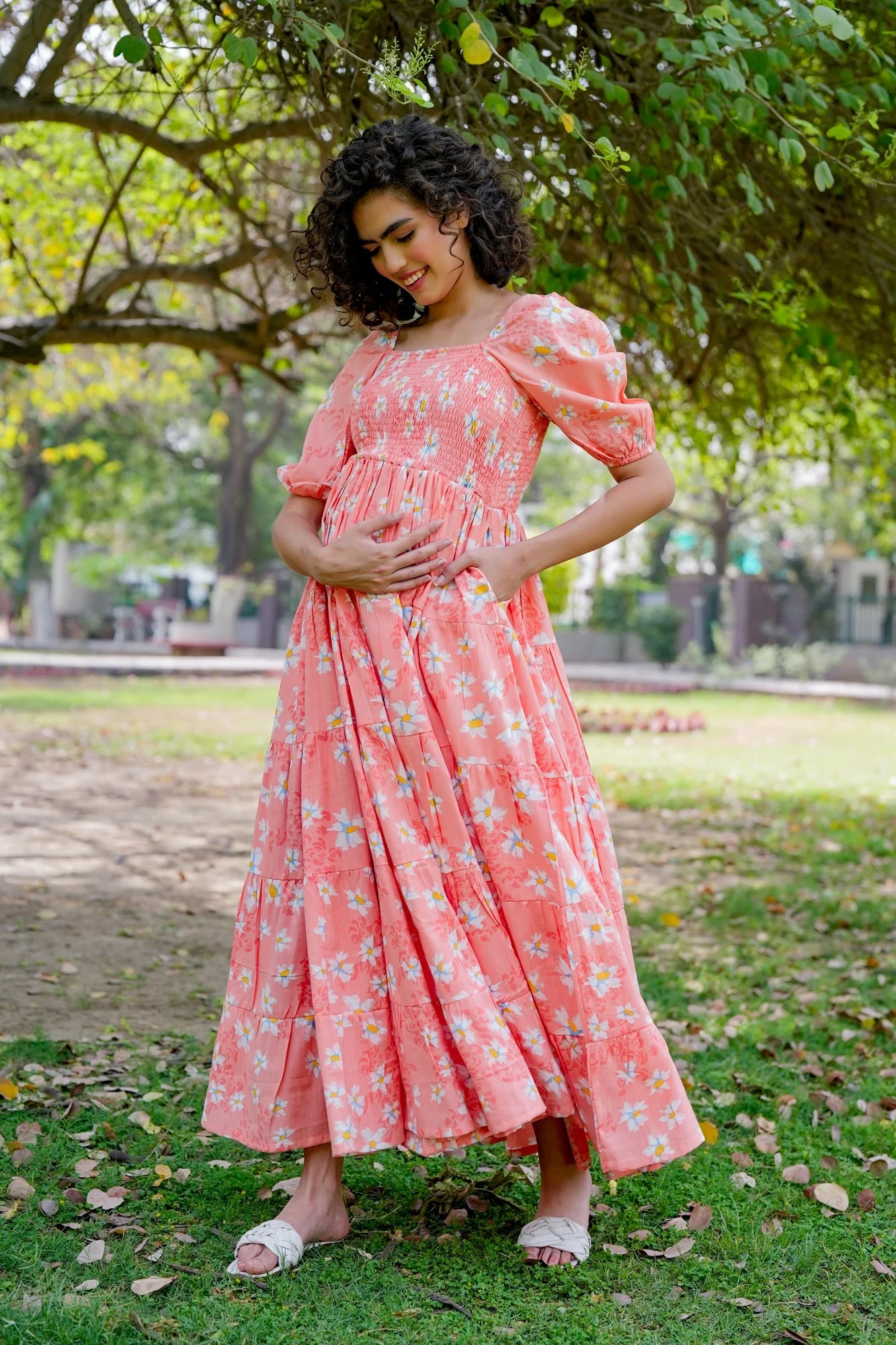 Graceful Apricot Floral Maternity Layered Dress (100% Cotton) - Chenance
