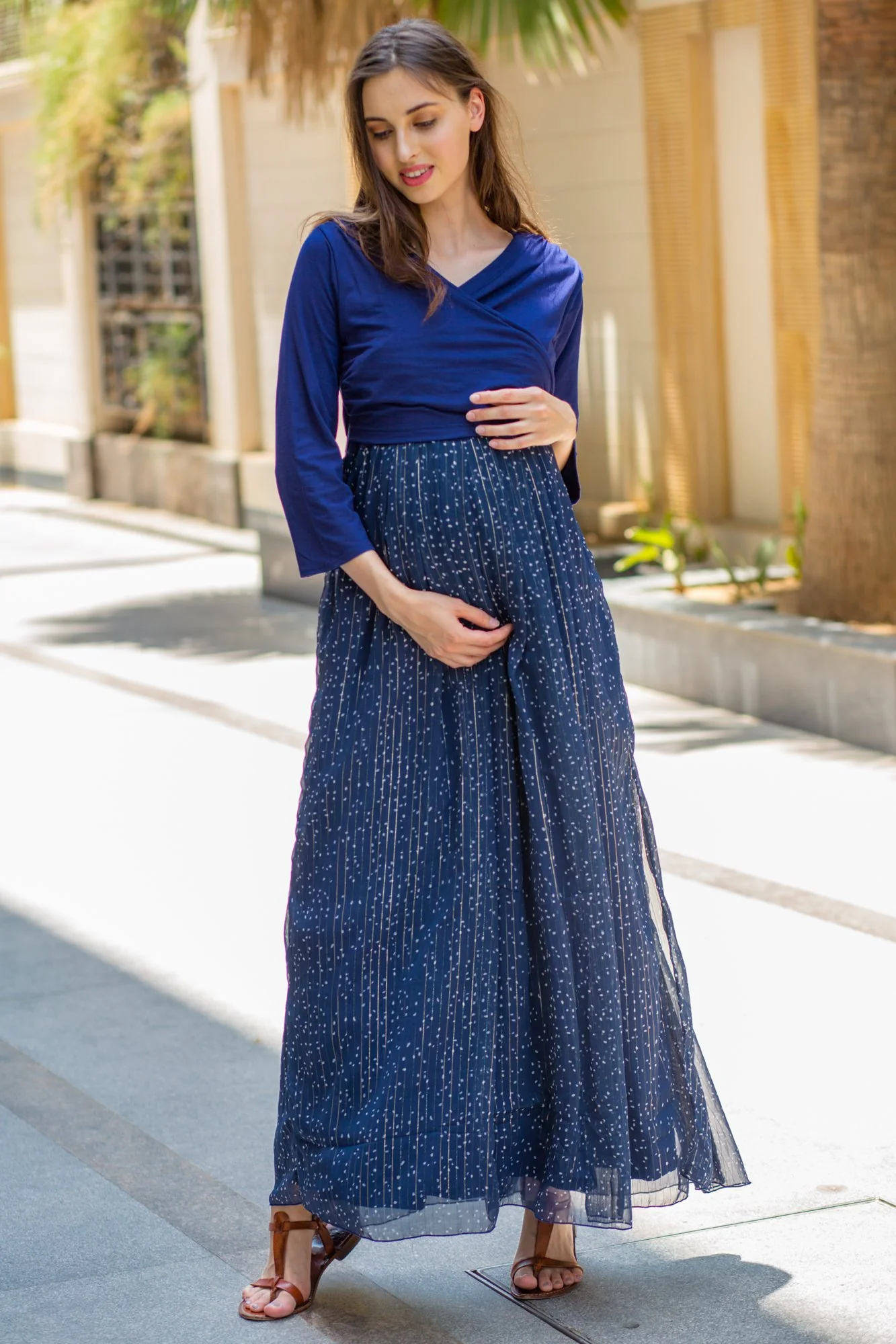 Luxe Blue Chiffon Navy Maternity & Nursing Wrap Dress - Chenance