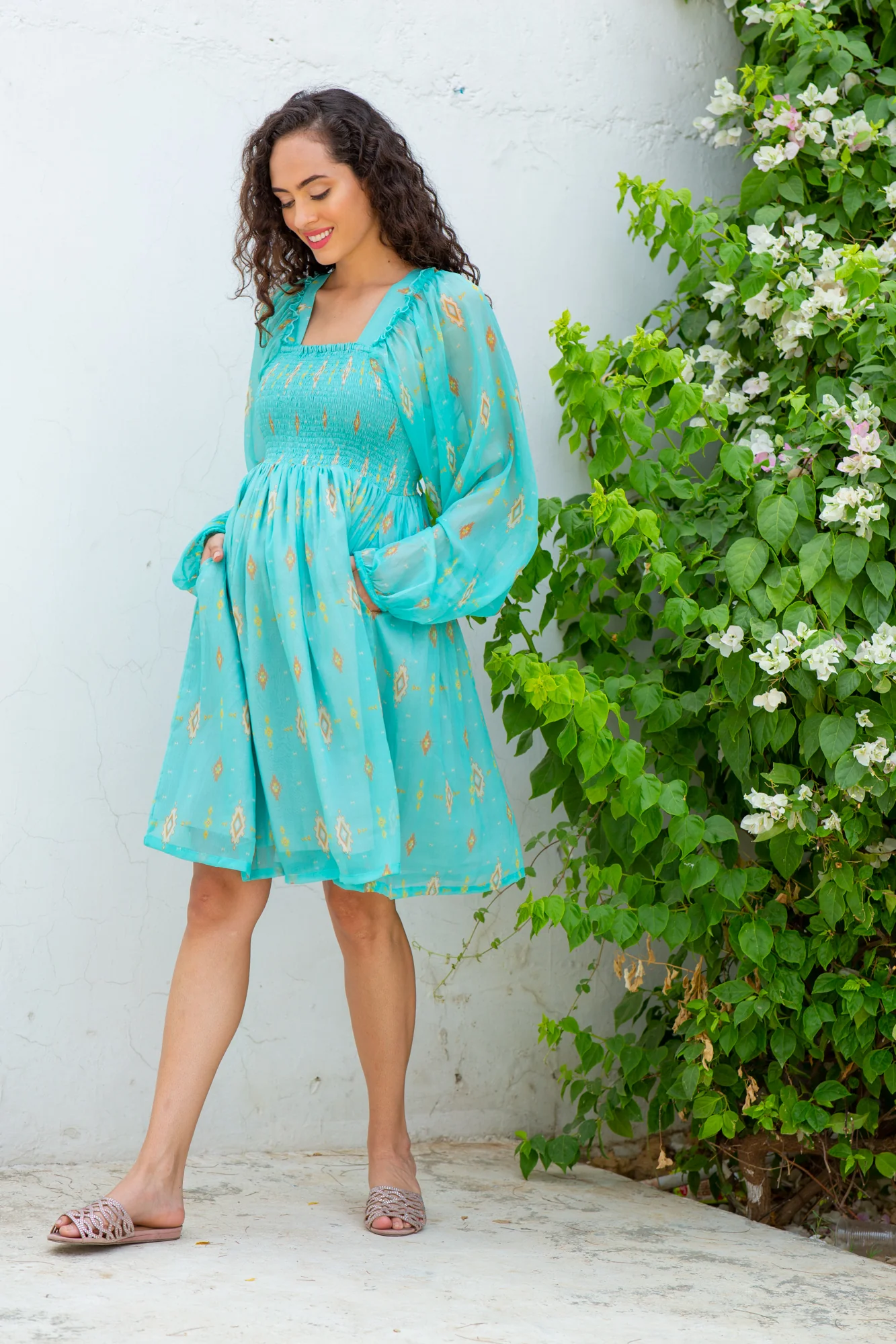 Sizzling Pale Turquoise Maternity Knee Dress - Chenance
