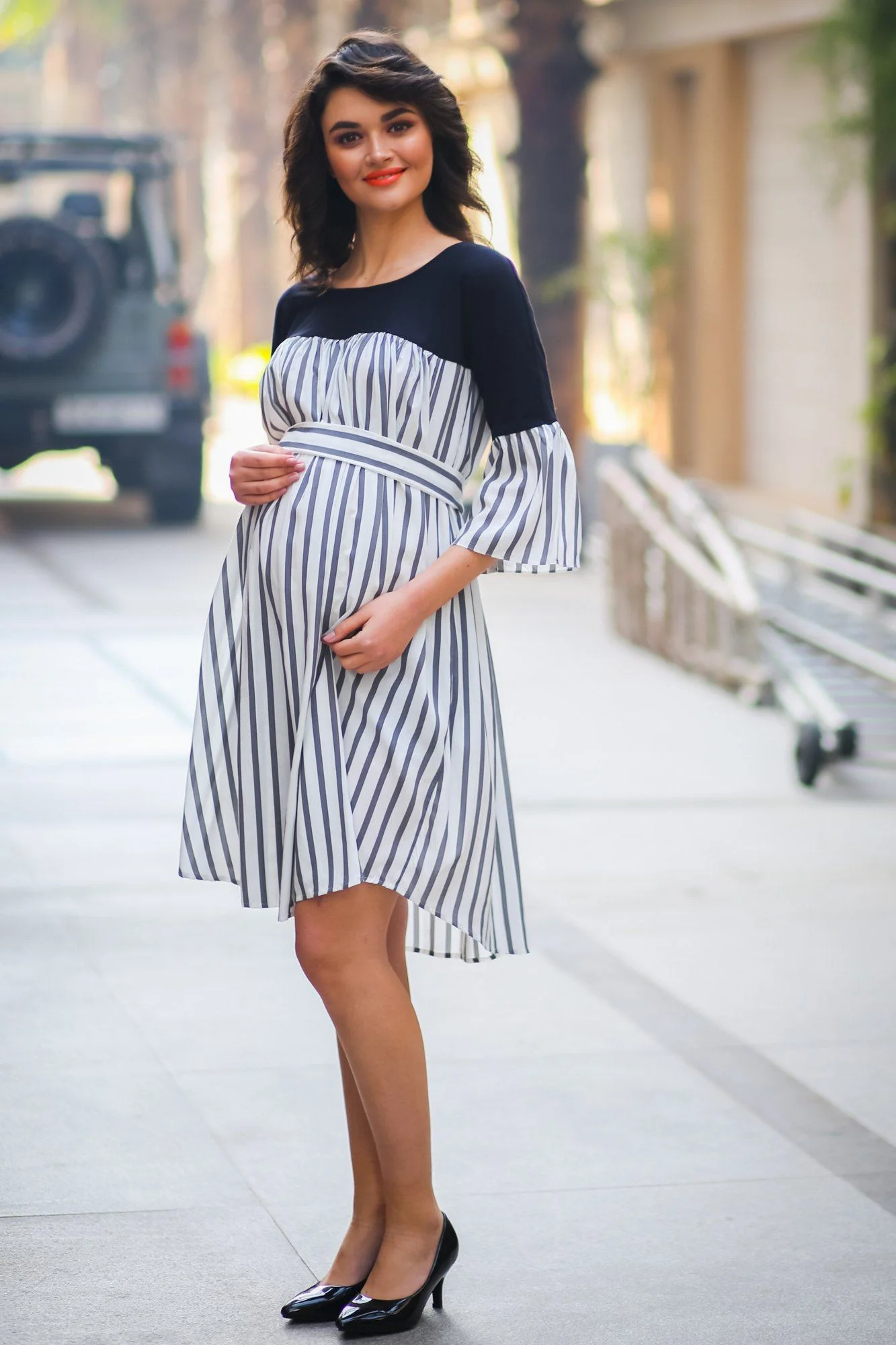 Chic Grey Striped Bell Sleeves Maternity Tunic Dress - Chenance