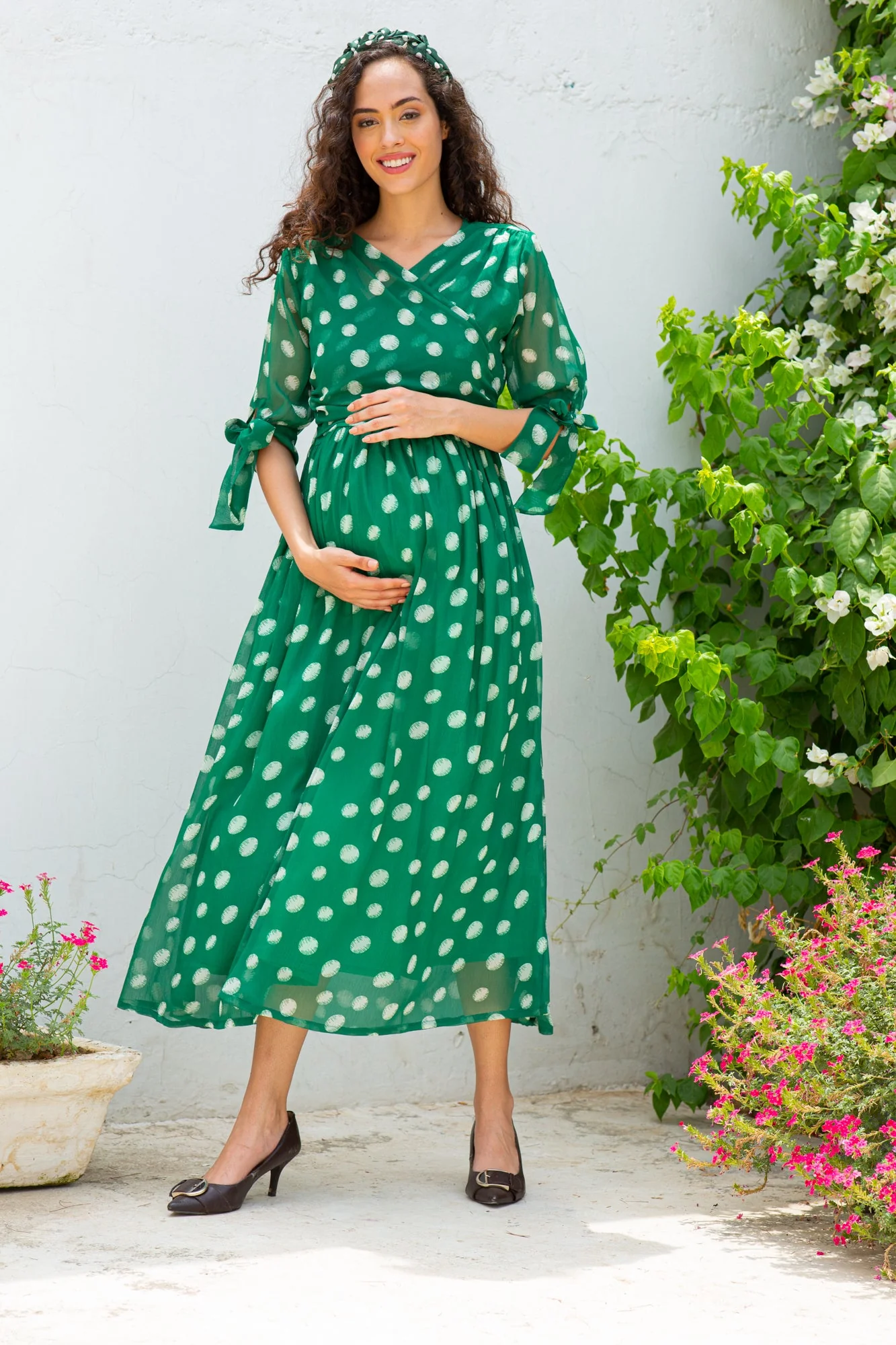Emerald Dancing Polka Maternity & Nursing Midi Wrap Dress - Chenance