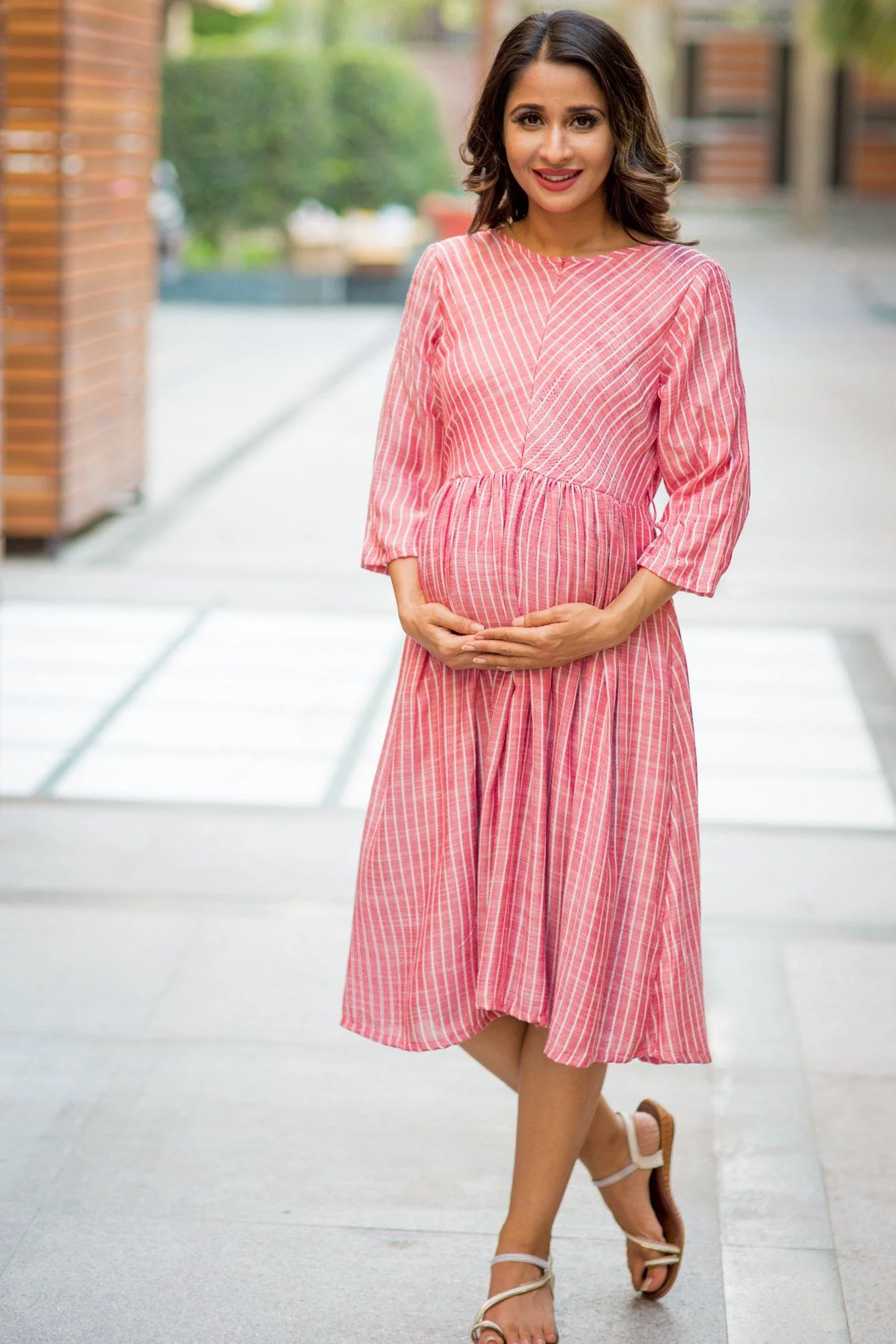 Red Striped Front Zip Nursing Cotton Dress - Chenance