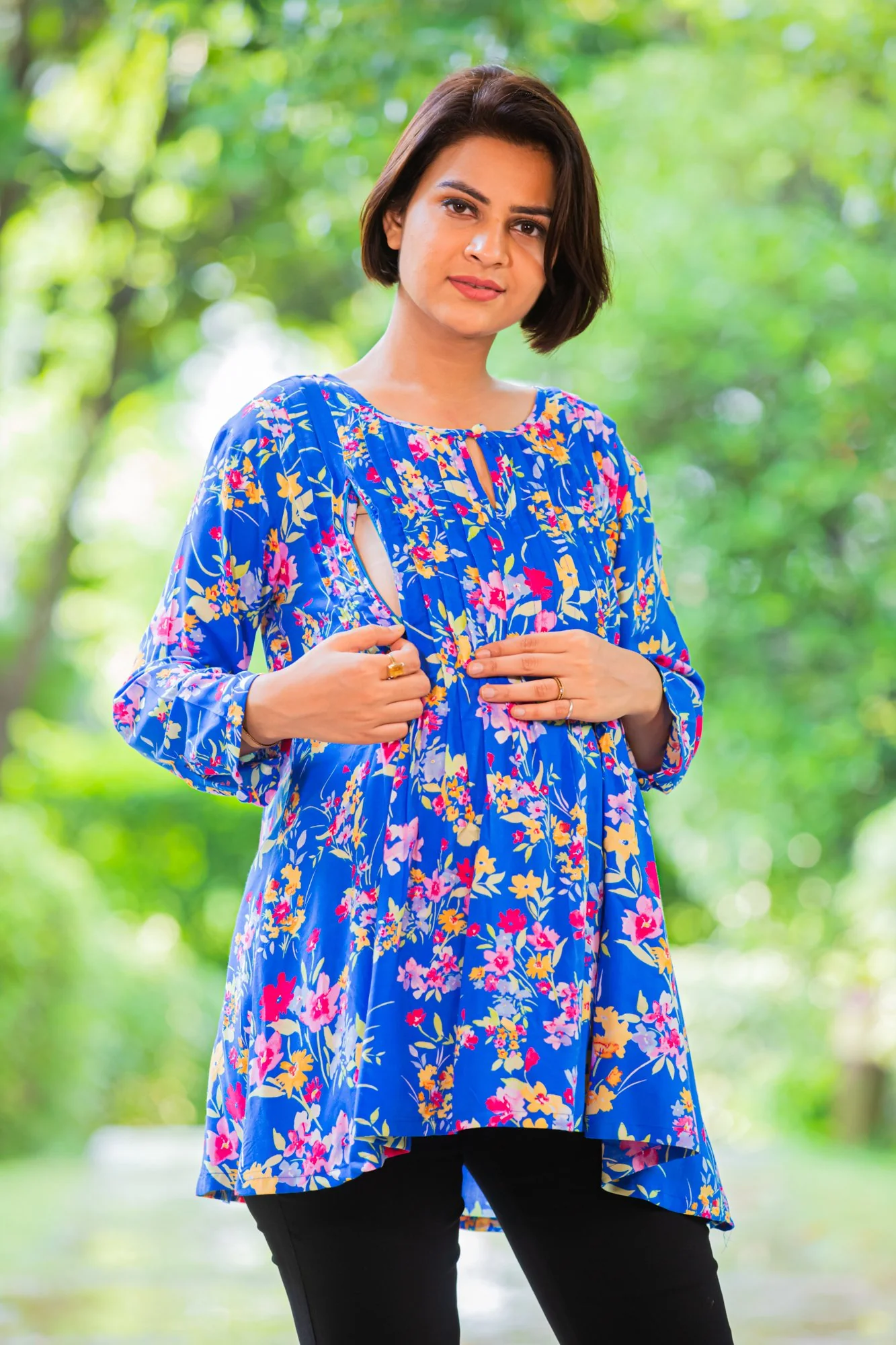 Blue Floral Pintucks Maternity & Nursing Top - Chenance