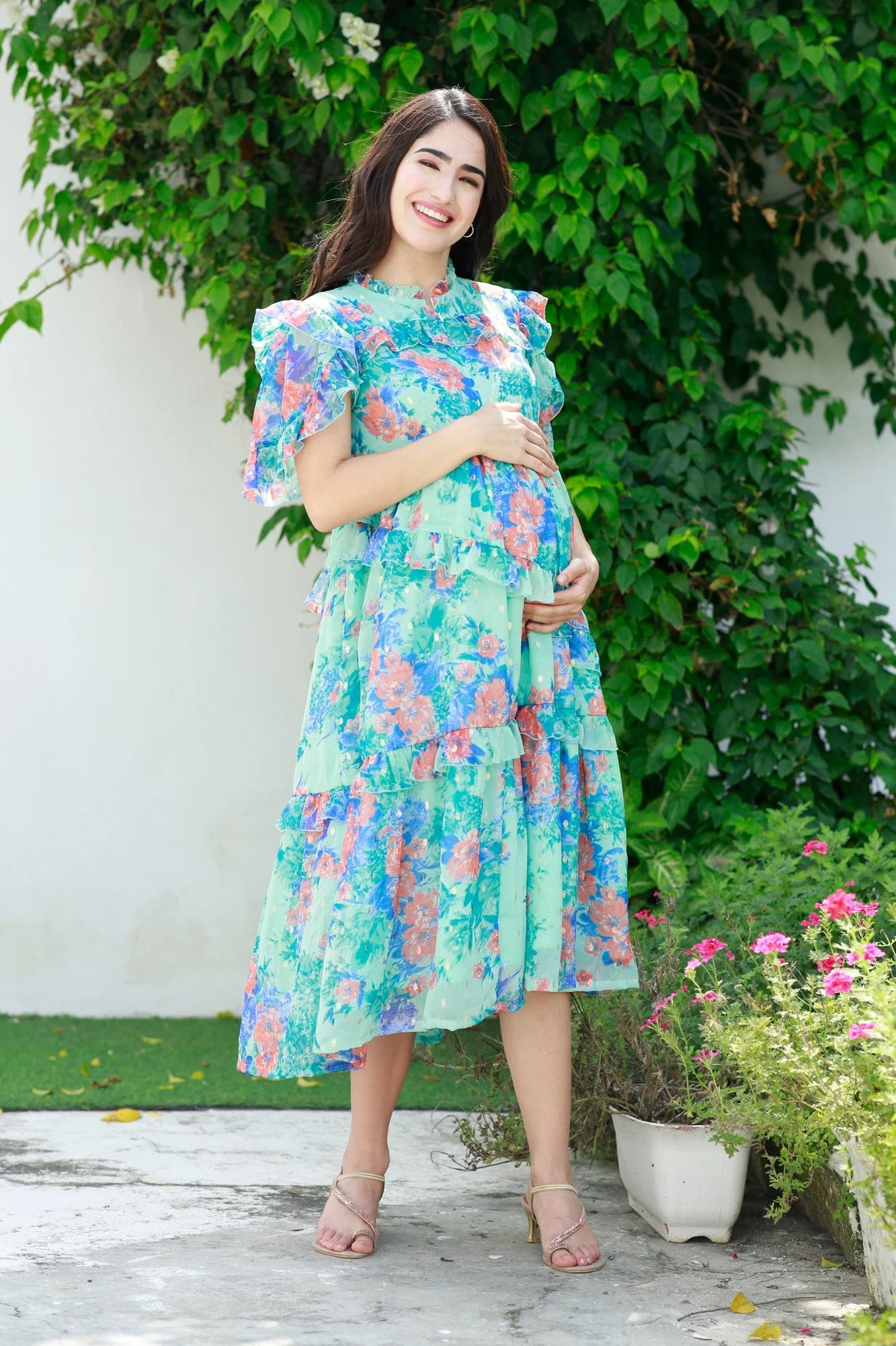 Classic Mint Floral Maternity & Nursing Frill Dress - Chenance