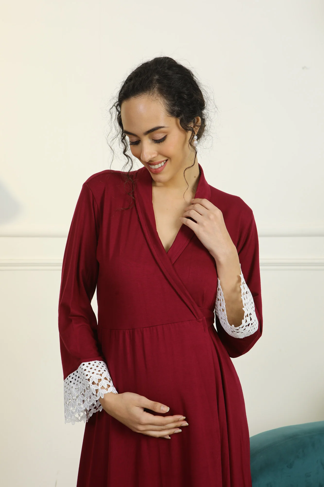 Vibrant Mulberry Lycra Maternity & Nursing Wrap Nightwear Dress/ Hospital Gown/ Delivery Robes - Chenance