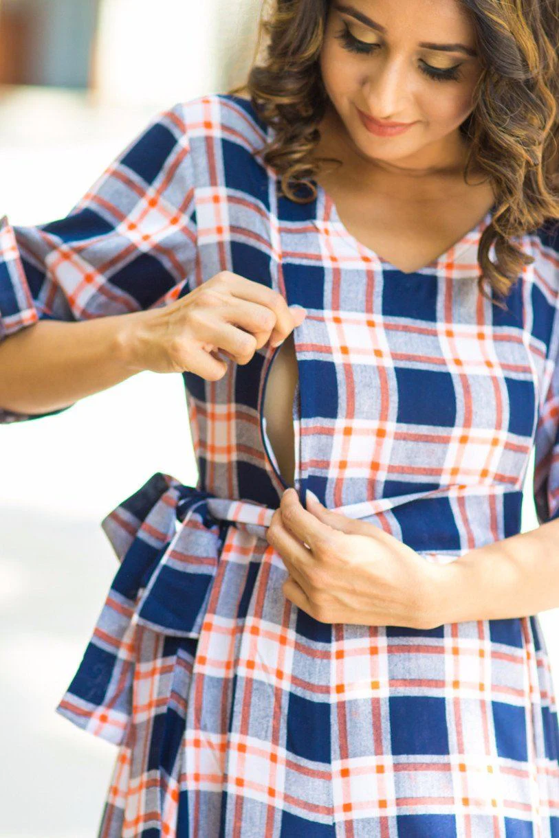 Navy Citrus Plaid Maternity & Nursing Maxi Dress - Chenance