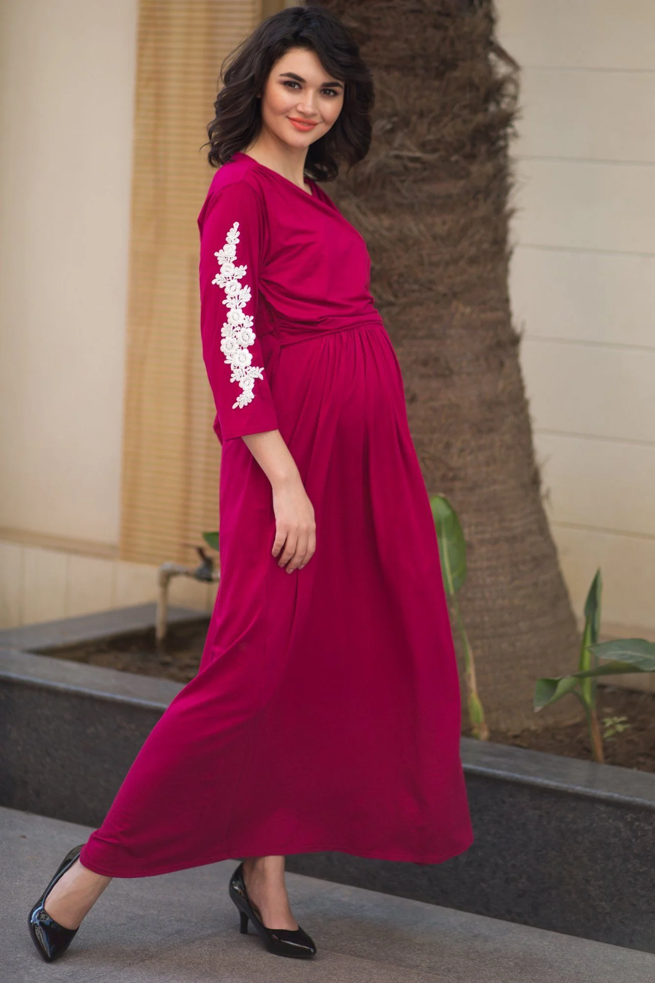 Elegant Carnation Crochet Maternity & Nursing Wrap Dress - Chenance