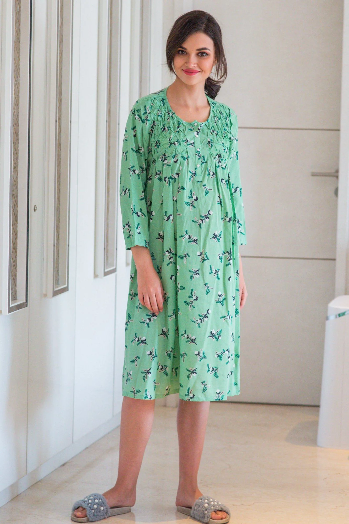 Botanical Mint Maternity & Nursing Night Dress - Chenance