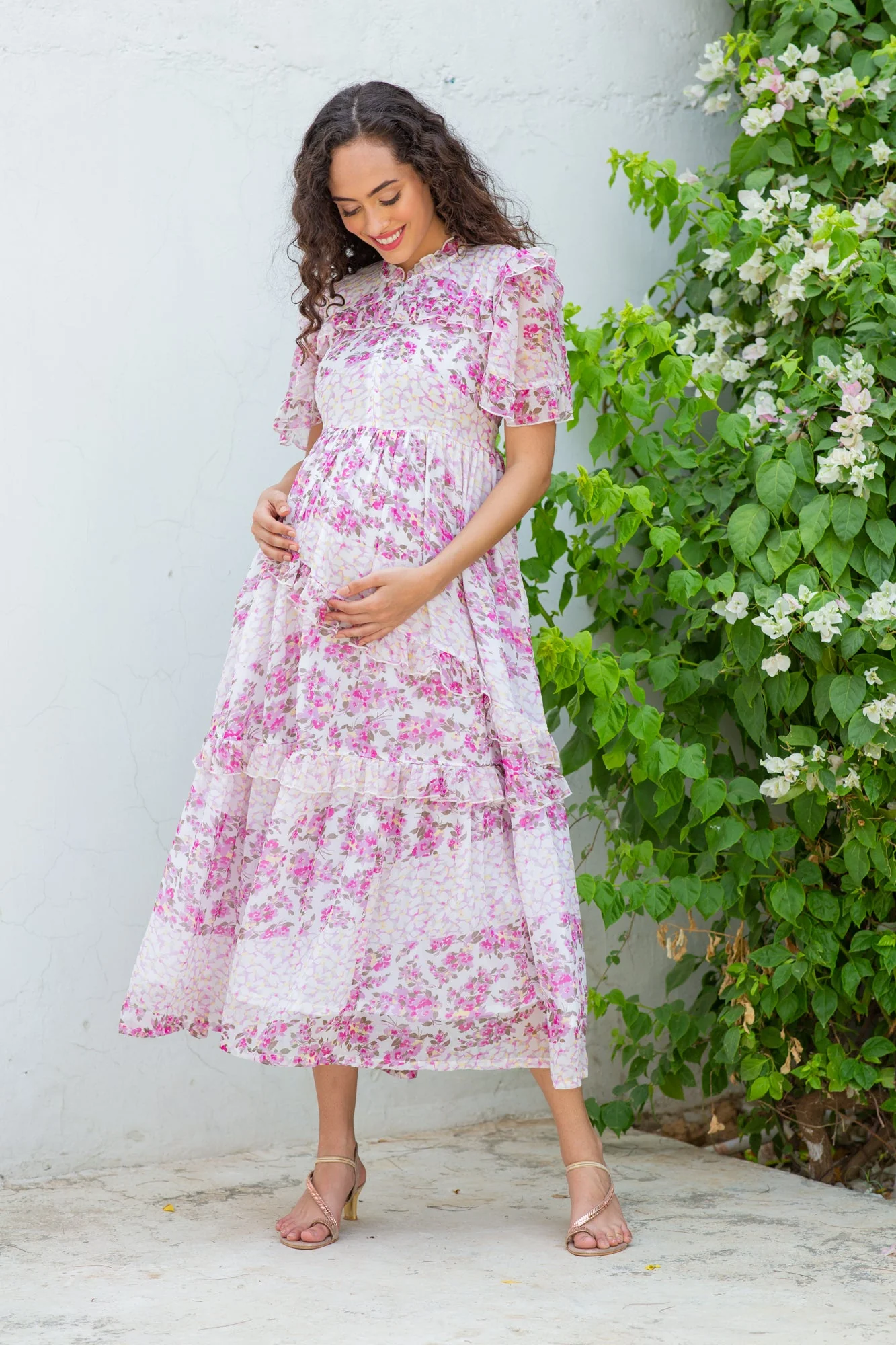 Winsome French Rose Floral Maternity & Nursing Frill Dress - Chenance