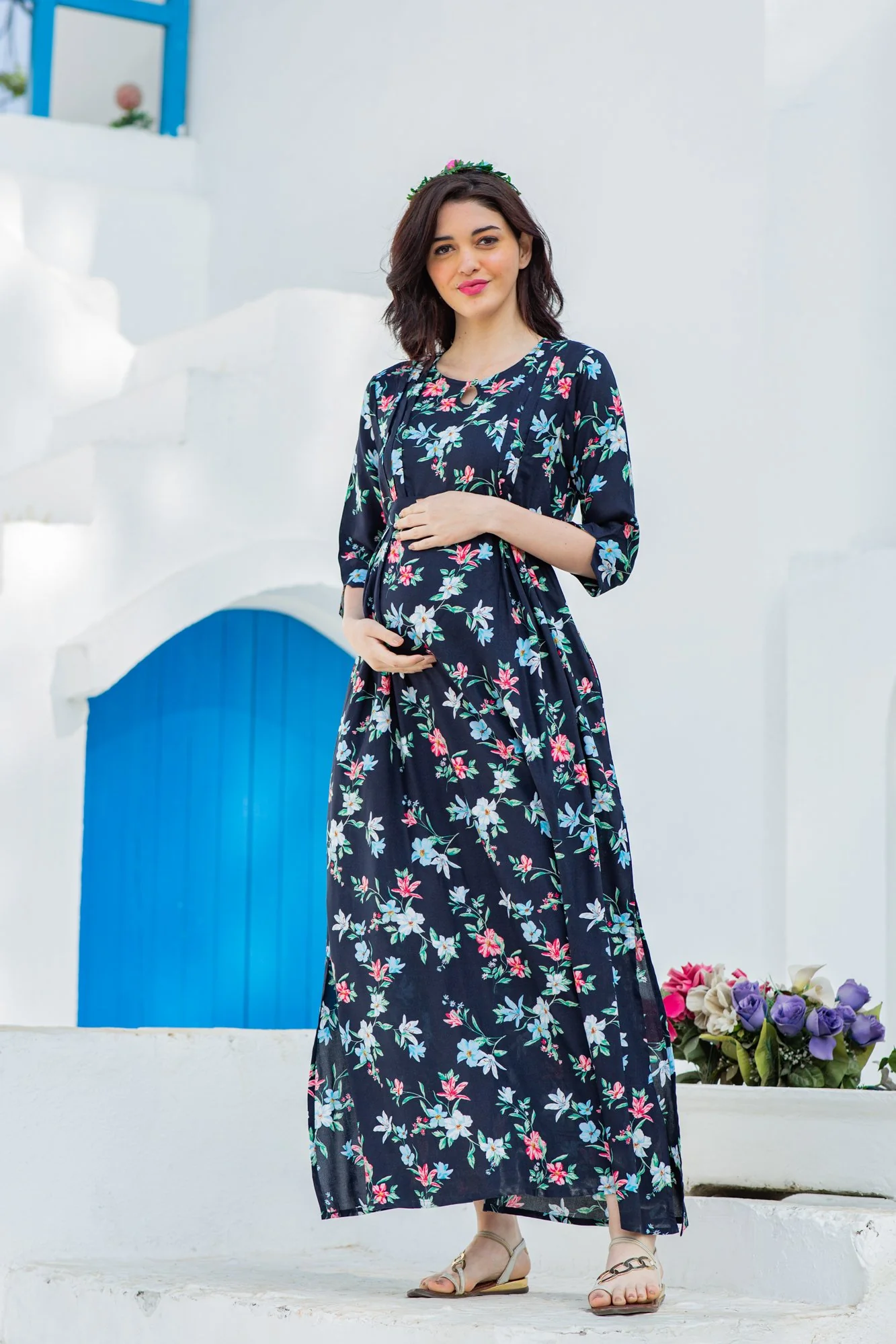 Navy Garden Side Slits Maternity & Nursing Dress - Chenance
