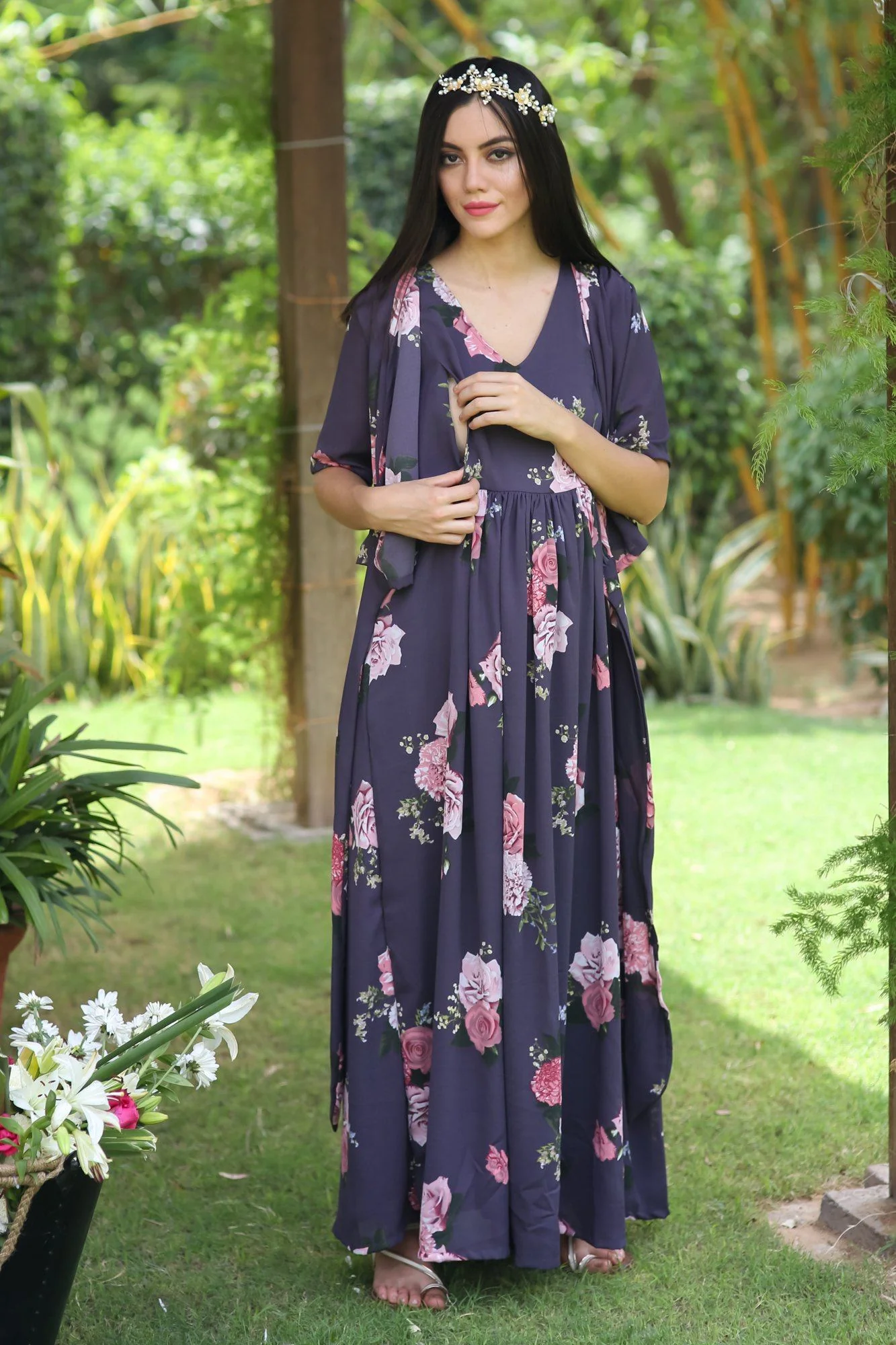 Deep Lilac Blossom Maternity & Nursing Wrap Dress - Chenance