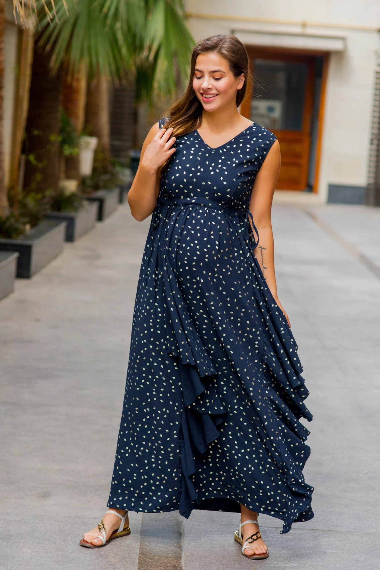 Luxe Navy Gold Speckle Embellished Maternity Flow Dress - Chenance