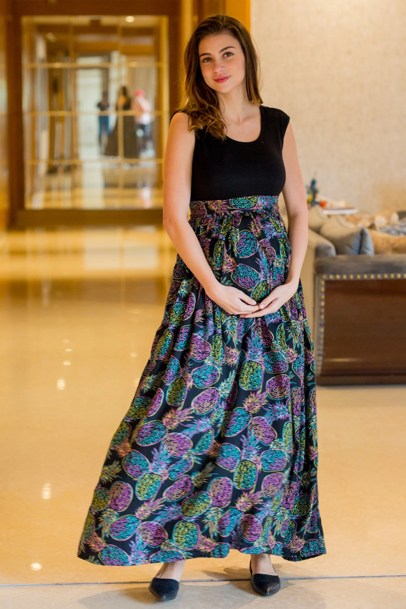 Pineapple Neon Print Gathered Maternity Dress - Chenance