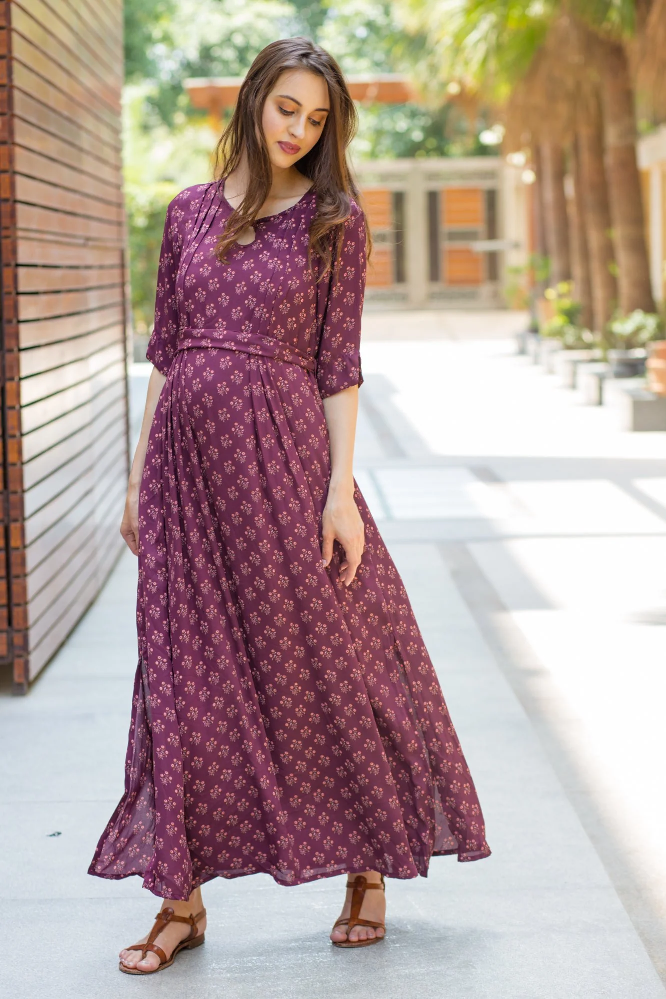 Merlot Side Slit Concealed Zips Feeding Dress - Chenance